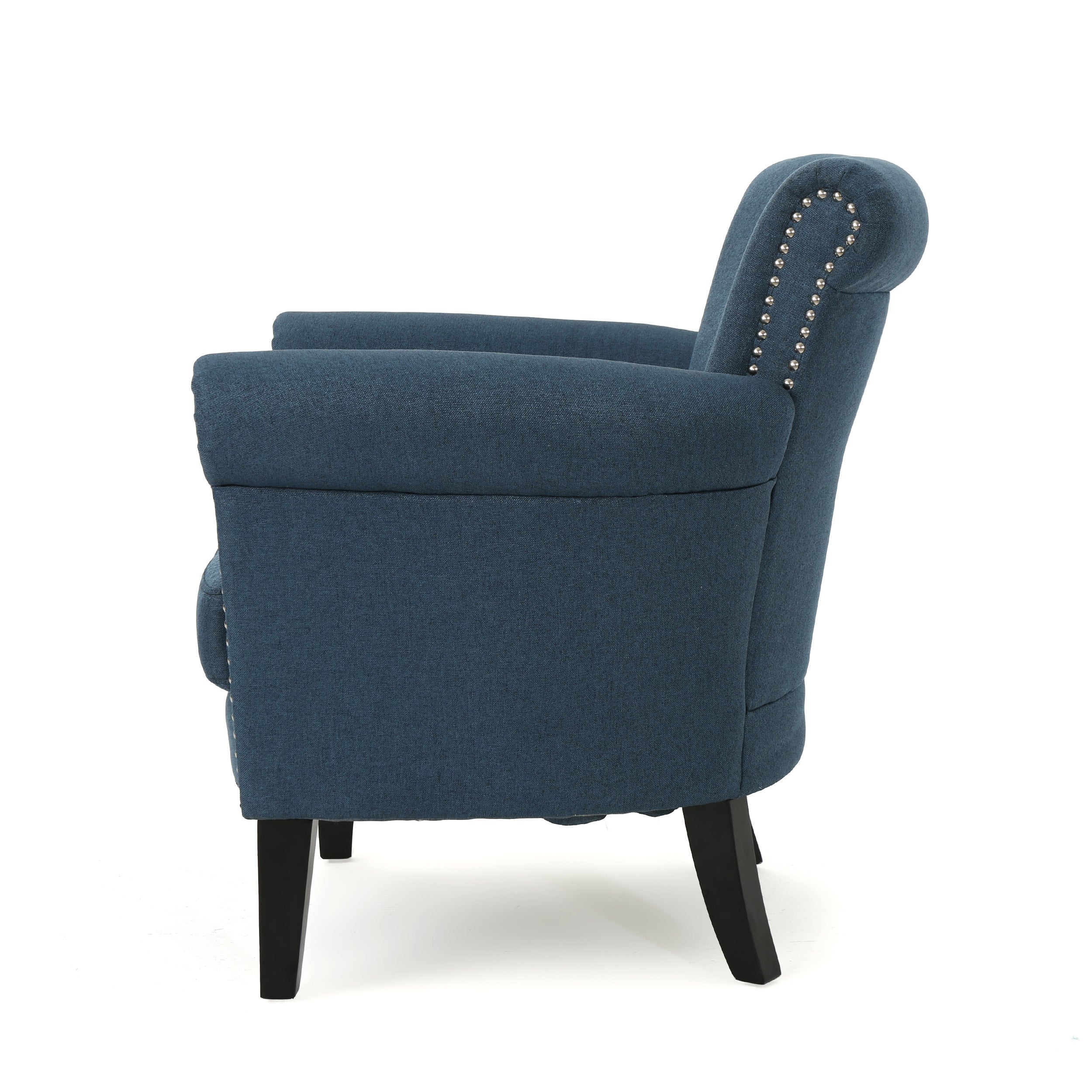 Elegant Navy Blue Fabric Club Chair with Nailhead Trim and Birch Wood Legs - Grand Goldman Shop