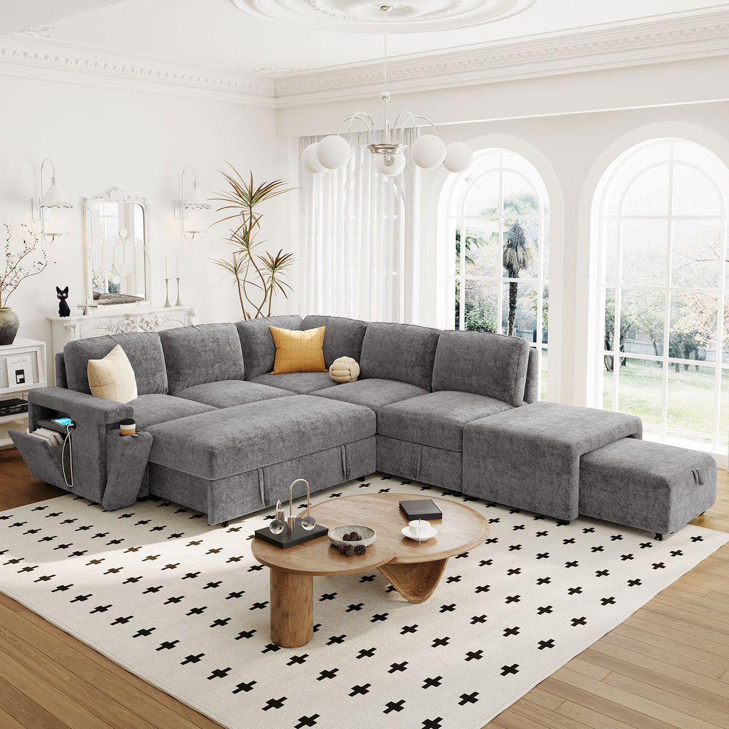 U_STYLE L-shaped Pull-Out Sofa Bed with Storage, USB Ports, and Cup Holders, Modular Design for Living Rooms, Offices & Apartments - Grand Goldman Shop