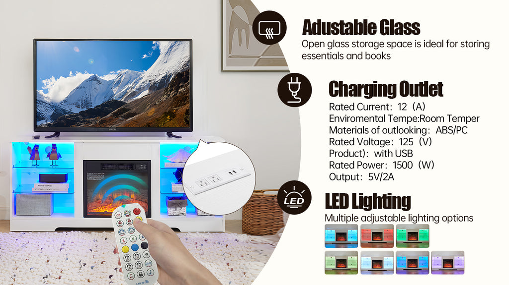 TV Stand Electric Fireplace TV Stand with Glass Shelves, 3D Fireplace TV Stand with LED Lights Wood with USB Charging Outlet Modern Television Table Center for TV up to 32-62' White 58''W*15.4''D*24.6 - Grand Goldman Shop