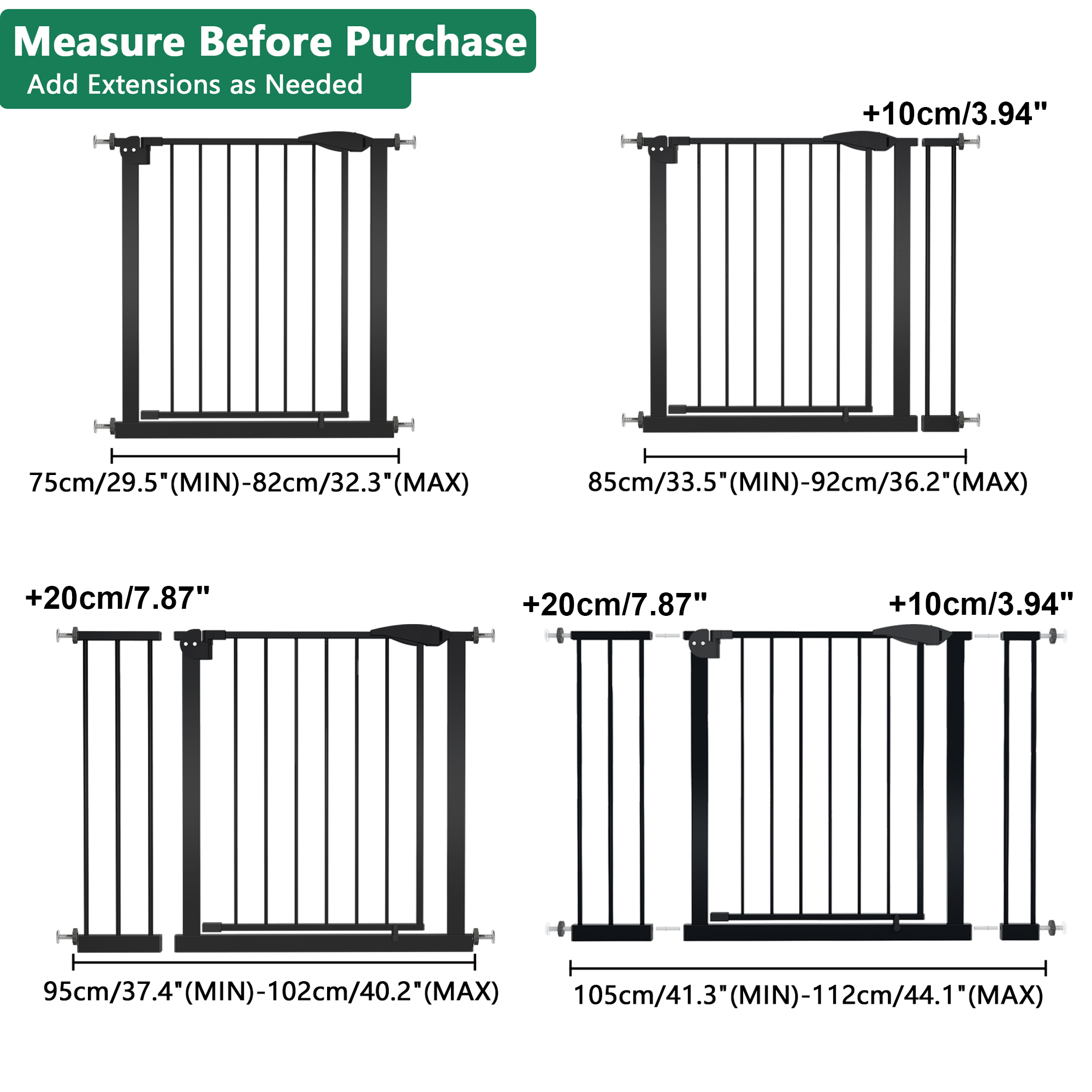 Black Pressure-Mounted Baby Gate for Stairs and Doorways, 29.5-44.1' Wide, Steel and ABS Construction, Easy Walk-Through Safe