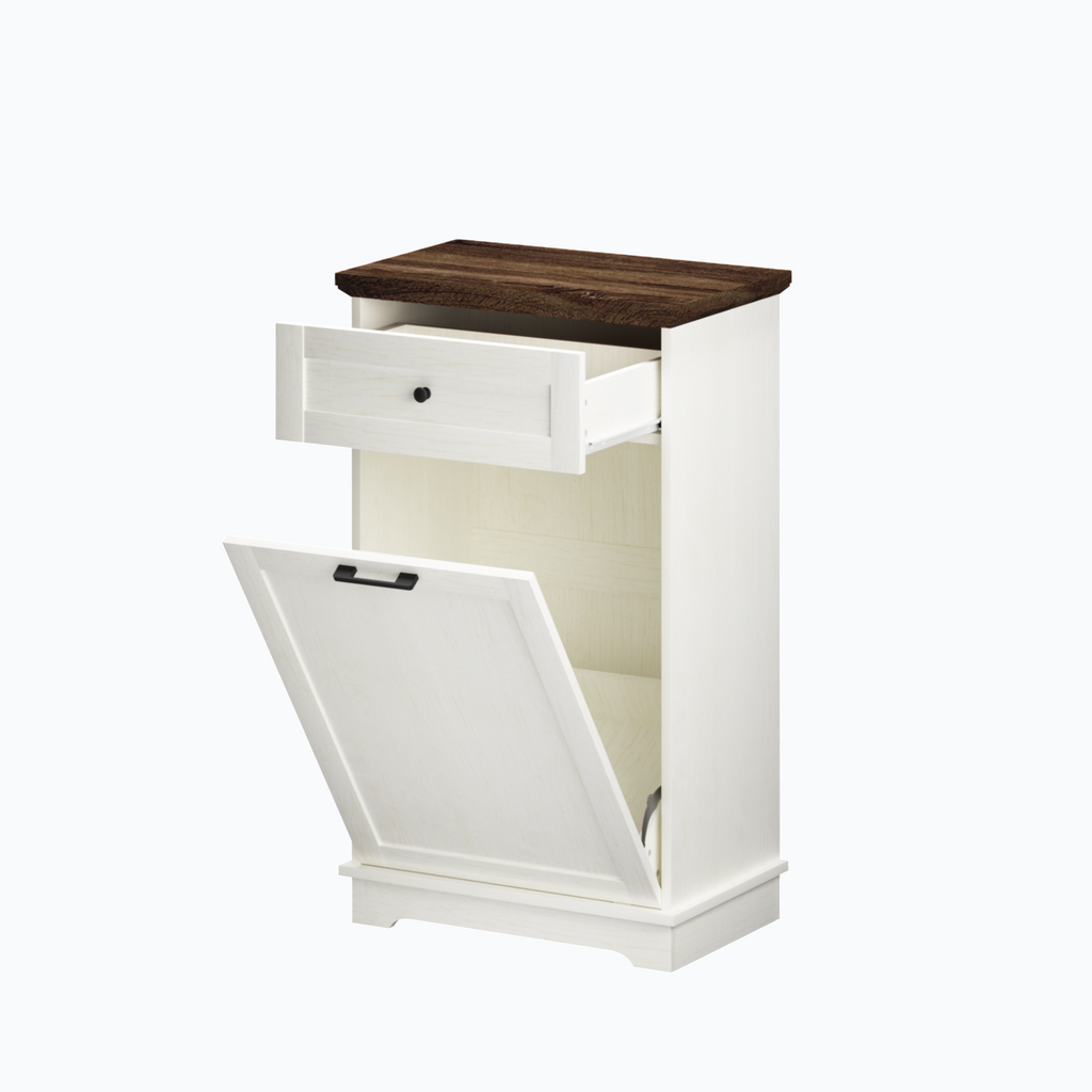 10 Gallon Tilt Out Trash Cabinet Freestanding Trash Bin Cabinet Wood Garbage Recycling Cabinet with Drawer Pet Proof Trash Can Holder for Kitchen Living Room, Antique White (Not include trash can) - Grand Goldman Shop