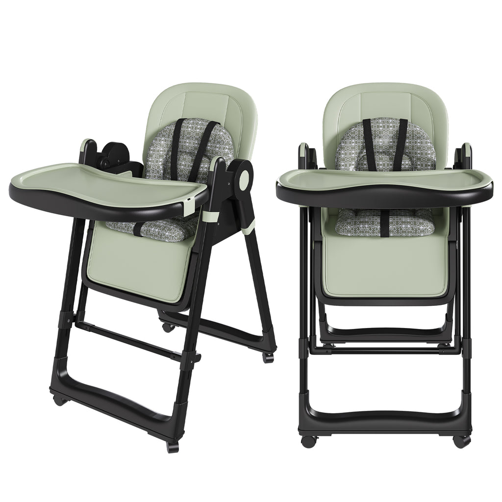 Convertible Baby High Chair to Rocker with 5-Point Harness, Foldable Infant Feeding Chair in Dark Green with Removable 2-Tier