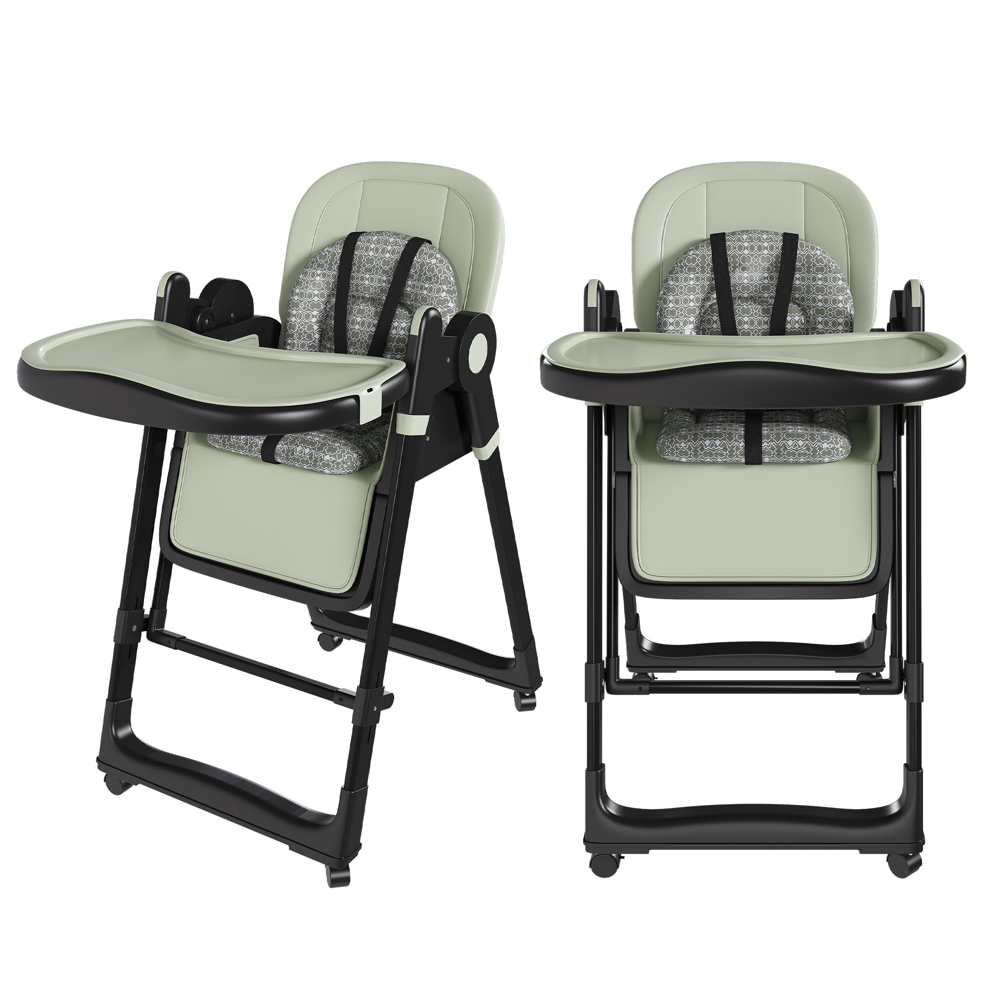 Convertible Baby High Chair to Rocker with 5-Point Harness, Foldable Infant Feeding Chair in Dark Green with Removable 2-Tier