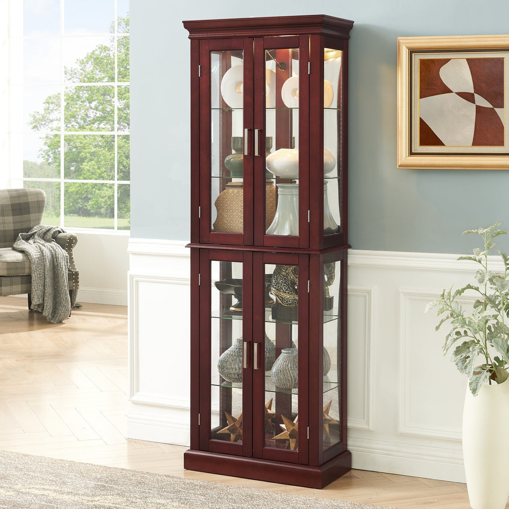 Lighted Curio Cabinet with Adjustable Shelves, Mirrored Back, and Tempered Glass Doors, 6-Tier Cherry Finish - Grand Goldman Shop