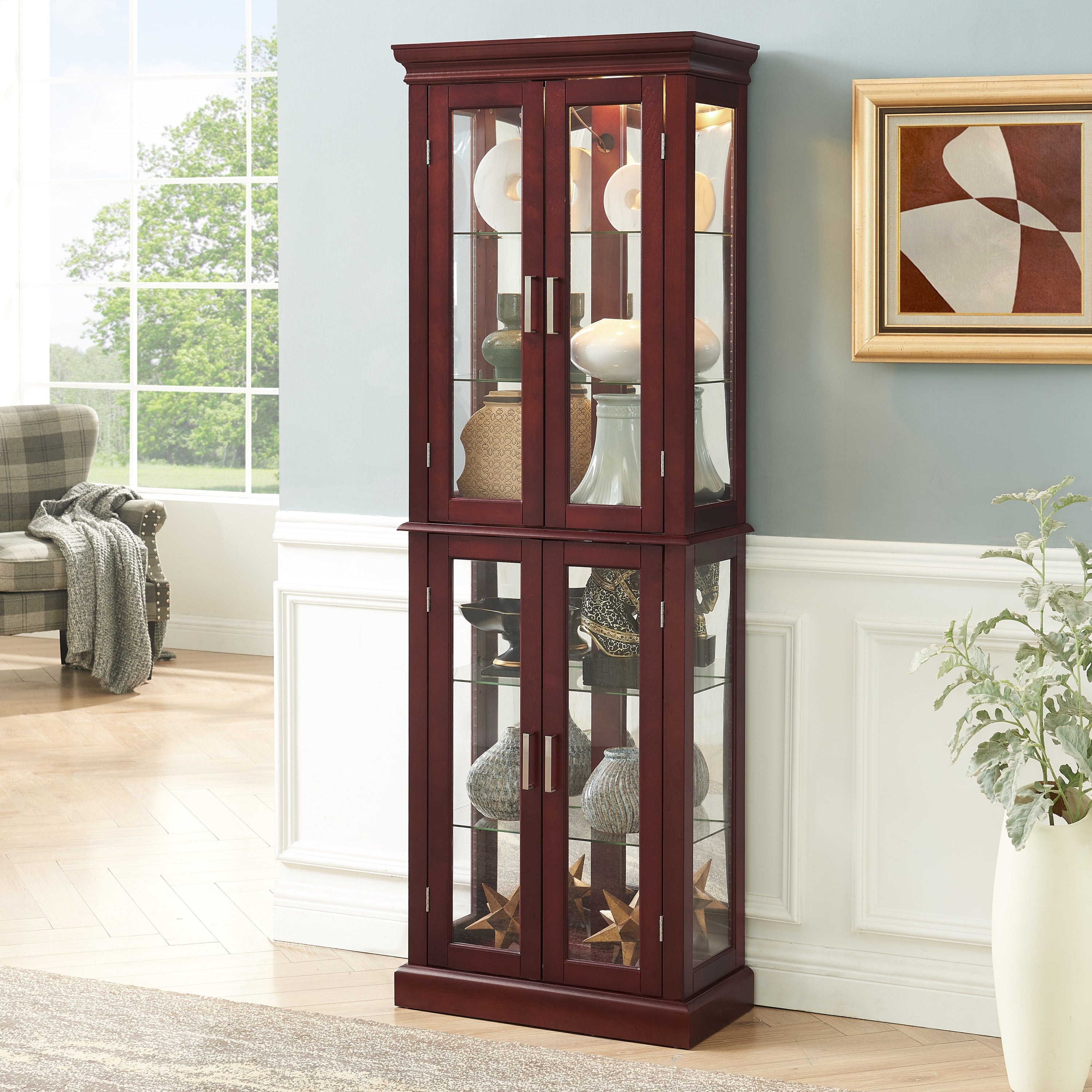 Lighted Curio Cabinet with Adjustable Shelves, Mirrored Back, and Tempered Glass Doors, 6-Tier Cherry Finish - Grand Goldman Shop