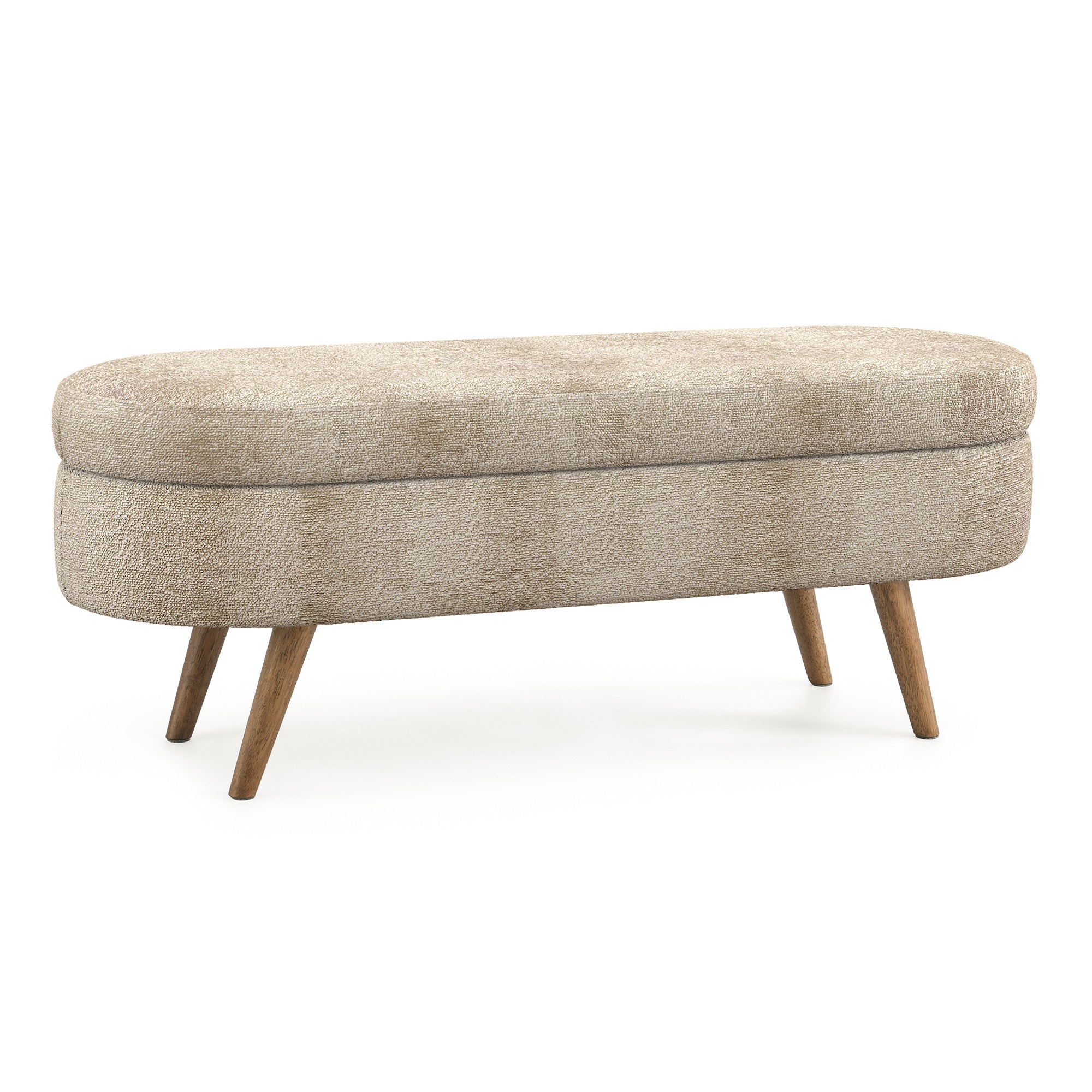 Ottoman Oval Storage Bench with Rubber Wood Legs, Gray Fabric, 43.5'x16'x16' - Grand Goldman Shop