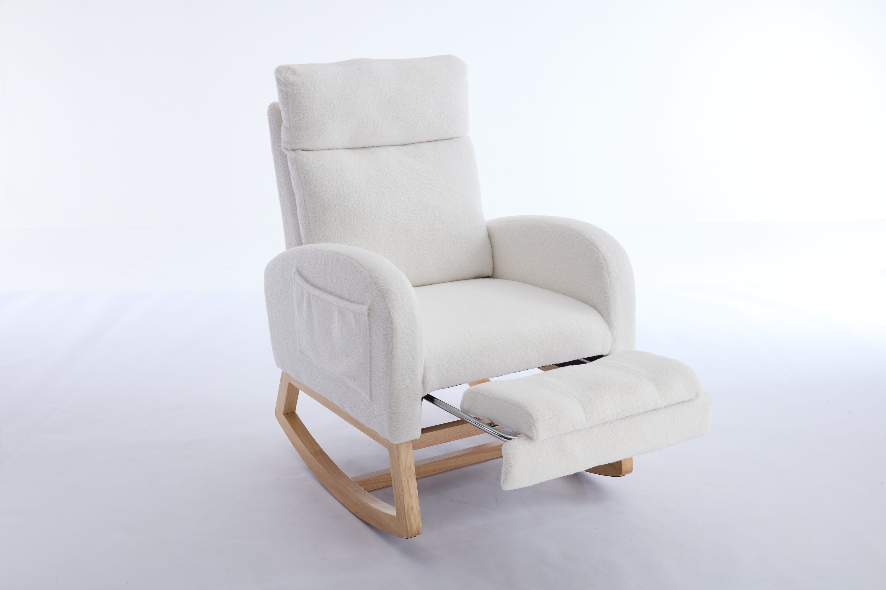 015B-Teddy Fabric Leisure Rocking Chair,Nursery Rocking Chair With Adjustable Footstool,Thickened Headrest And High Backrest, Storage Pocket On The Right Side,The Base Rocker Is Solid Wood,White - Grand Goldman Shop