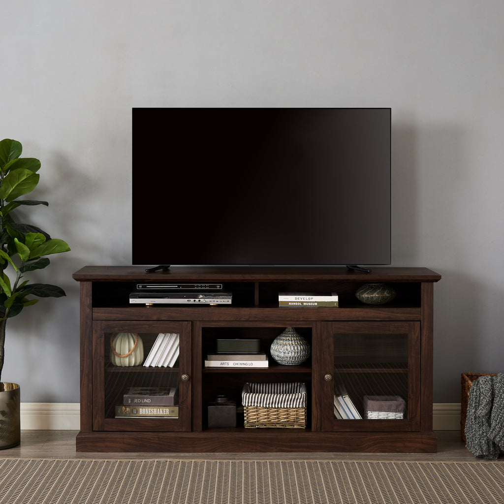 Modern TV Stand for up to 65 Inch TVs, Entertainment Center Farmhouse TV Cabinet Media Console Table with Glass Doors for Living Room, Brown 60'W*15.75'D*29'H - Grand Goldman Shop