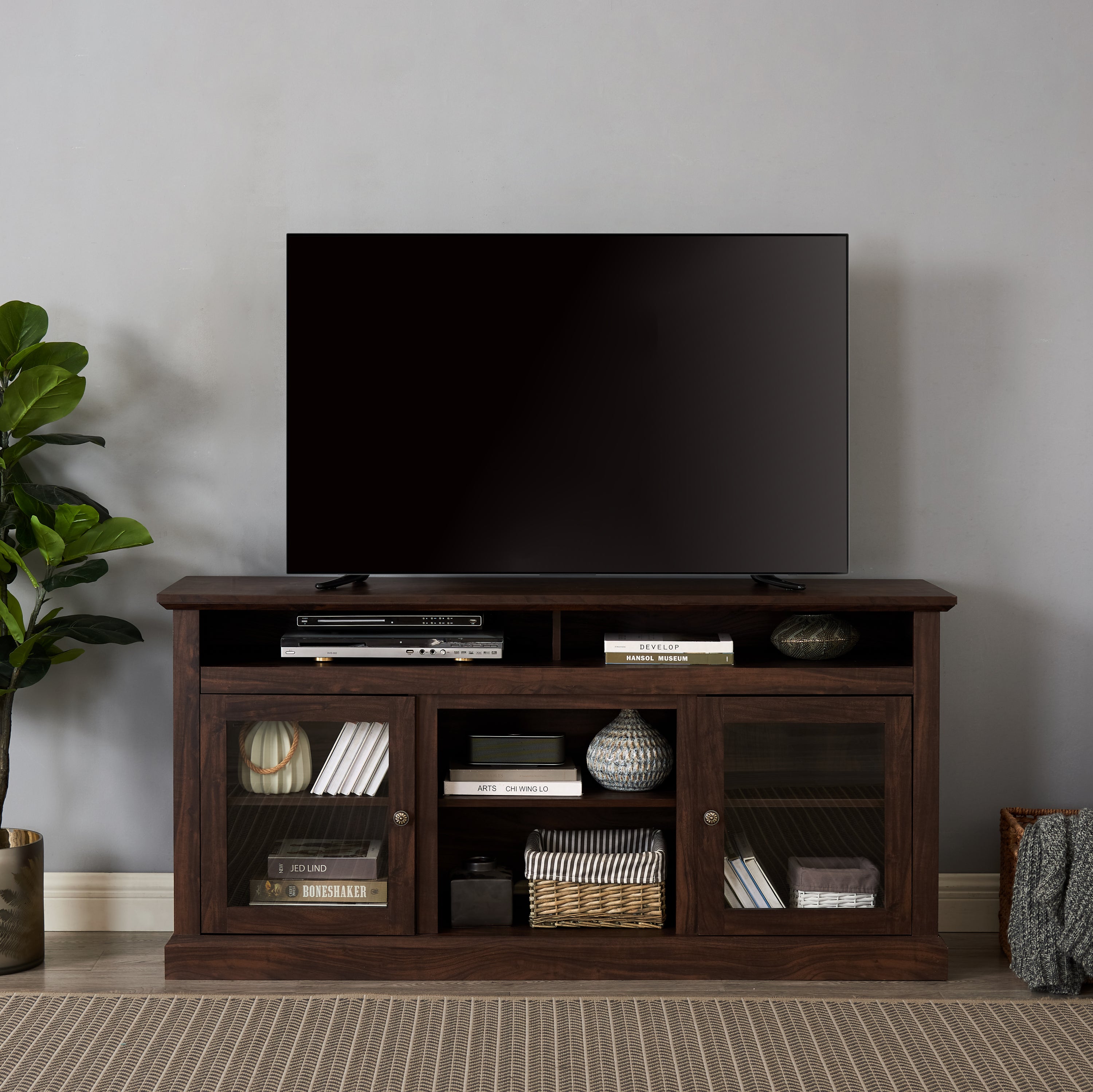 Modern TV Stand for up to 65 Inch TVs, Entertainment Center Farmhouse TV Cabinet Media Console Table with Glass Doors for Living Room, Brown 60'W*15.75'D*29'H - Grand Goldman Shop
