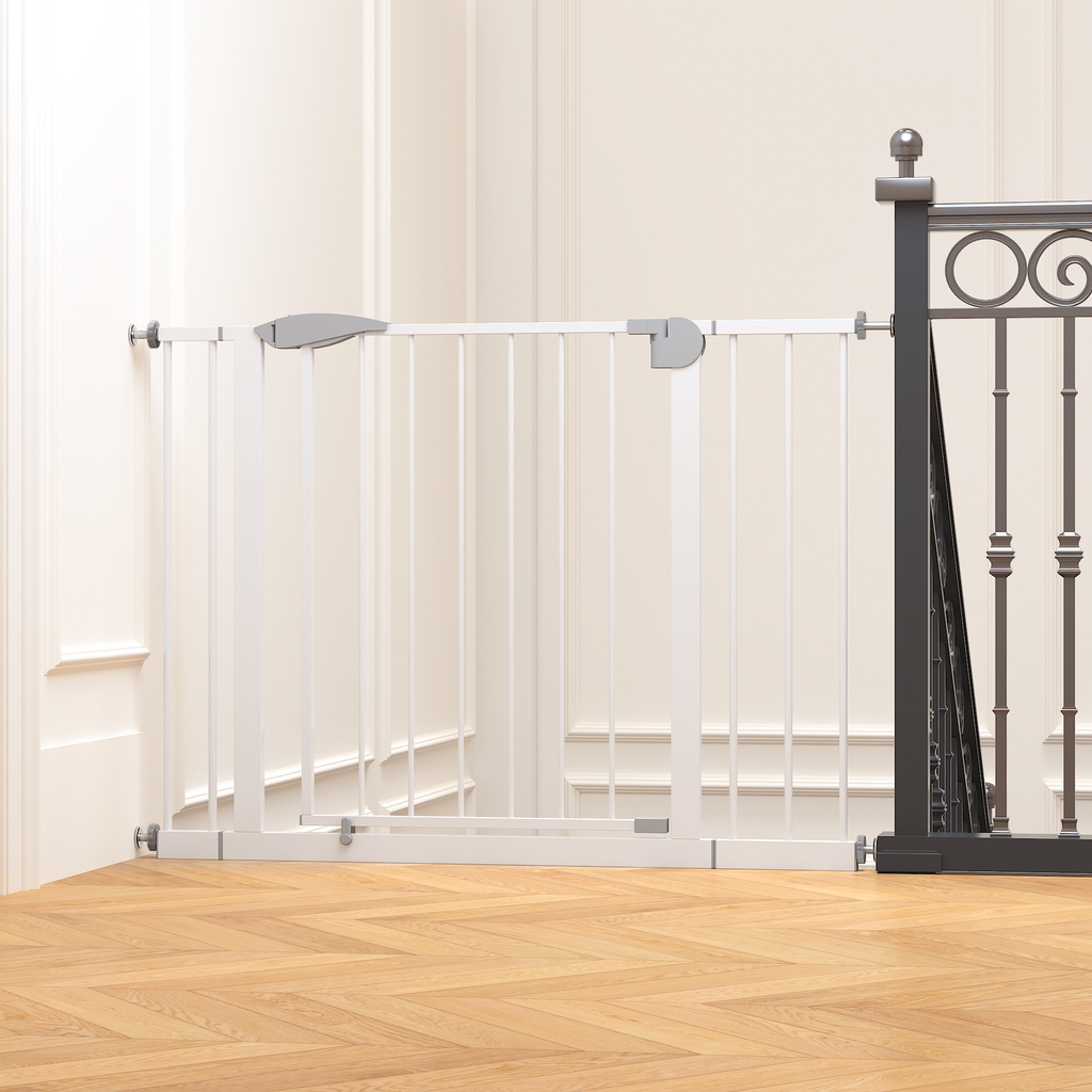 White Pressure-Mounted Baby Gate for Stairs, 29.5-44.1' Wide, Steel and ABS Construction, Easy Walk-Through Design for Kids a