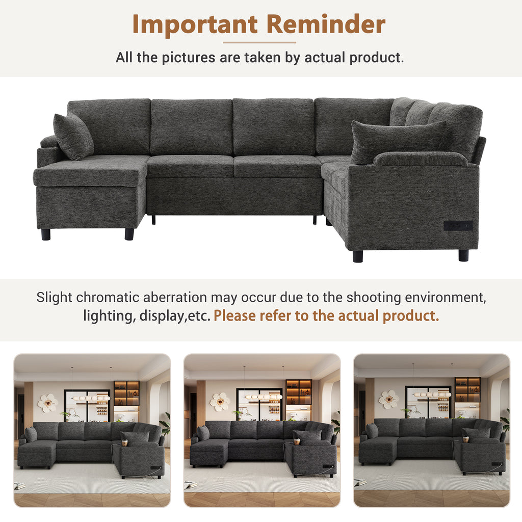 Versatile U-Shaped Sectional Sofa Bed with Storage, Cup Holders, Charging Ports in Grey Chenille - Grand Goldman Shop