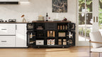 K&K 54.9' Kitchen Island with Drop Leaf, Power Outlet, Kitchen Storage Cart with 4 Door Shelves, Cross Barn Doors & Visual Glass Door, Rolling Kitchen Island on 4 Wheels for Kitchen, Dining Room,Black - Grand Goldman Shop
