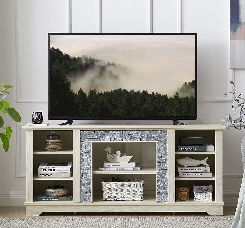 Mantel Stone TV Media Stand with with Faux Stacked Stone Surround, Modern Entertainment Console with Open Storage Space,WHITE, 58.31'W*15.39'D*26.06'H - Grand Goldman Shop