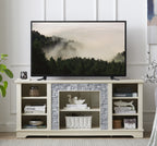 Mantel Stone TV Media Stand with with Faux Stacked Stone Surround, Modern Entertainment Console with Open Storage Space,WHITE, 58.31'W*15.39'D*26.06'H - Grand Goldman Shop