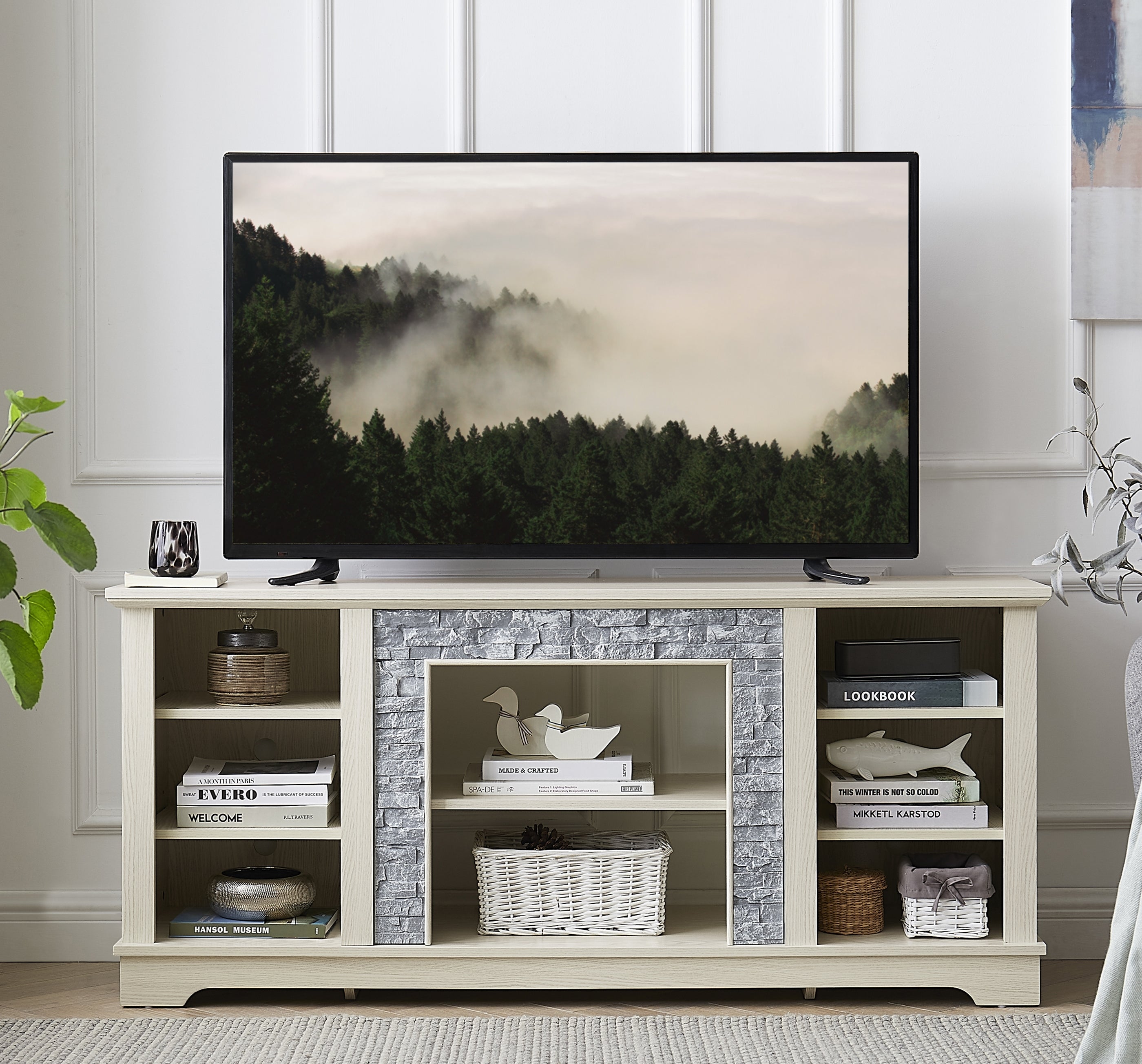 Mantel Stone TV Media Stand with with Faux Stacked Stone Surround, Modern Entertainment Console with Open Storage Space,WHITE, 58.31'W*15.39'D*26.06'H - Grand Goldman Shop