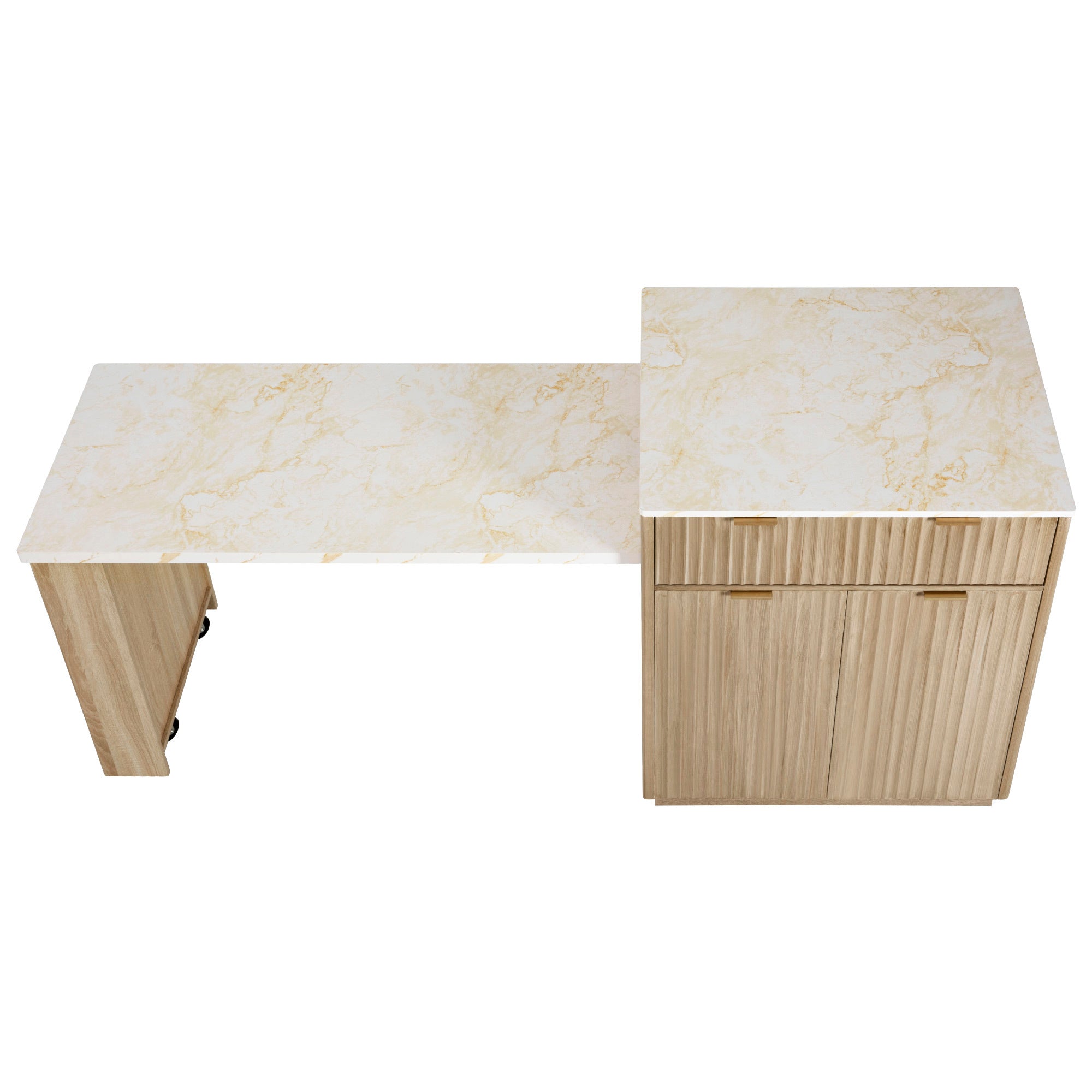 K&K 82.6' Fluted Kitchen Island with Extendable Dining Table for 4-6, Island Table for Kitchen with Power Outlet, Kitchen Table with Double-Side Storage, 2 Drawers 2 Side Open Shelves, Natural - Grand Goldman Shop