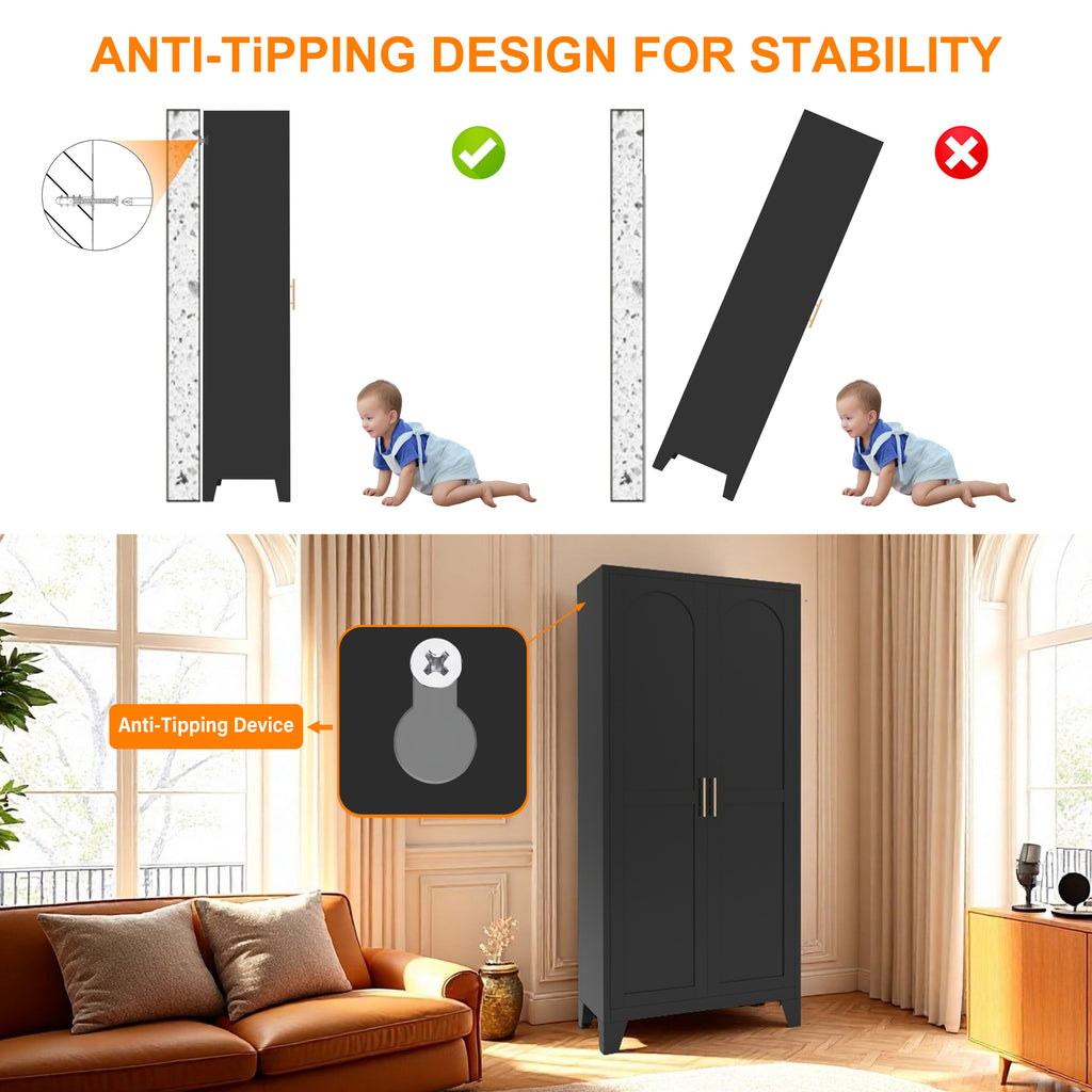 61'' 2 Shapely Doors Cabinet, Metal Storage Cabinet with Doors and Adjustable Shelves, for Bedroom, Living Room(Black) - Grand Goldman Shop