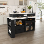Retro Kitchen Island with Extendable Rotating Table, Black Marble Veneer on MDF, 4 Drawers & Glass Door Cabinets, Built-in Socket, Fits 2-4 People - Grand Goldman Shop