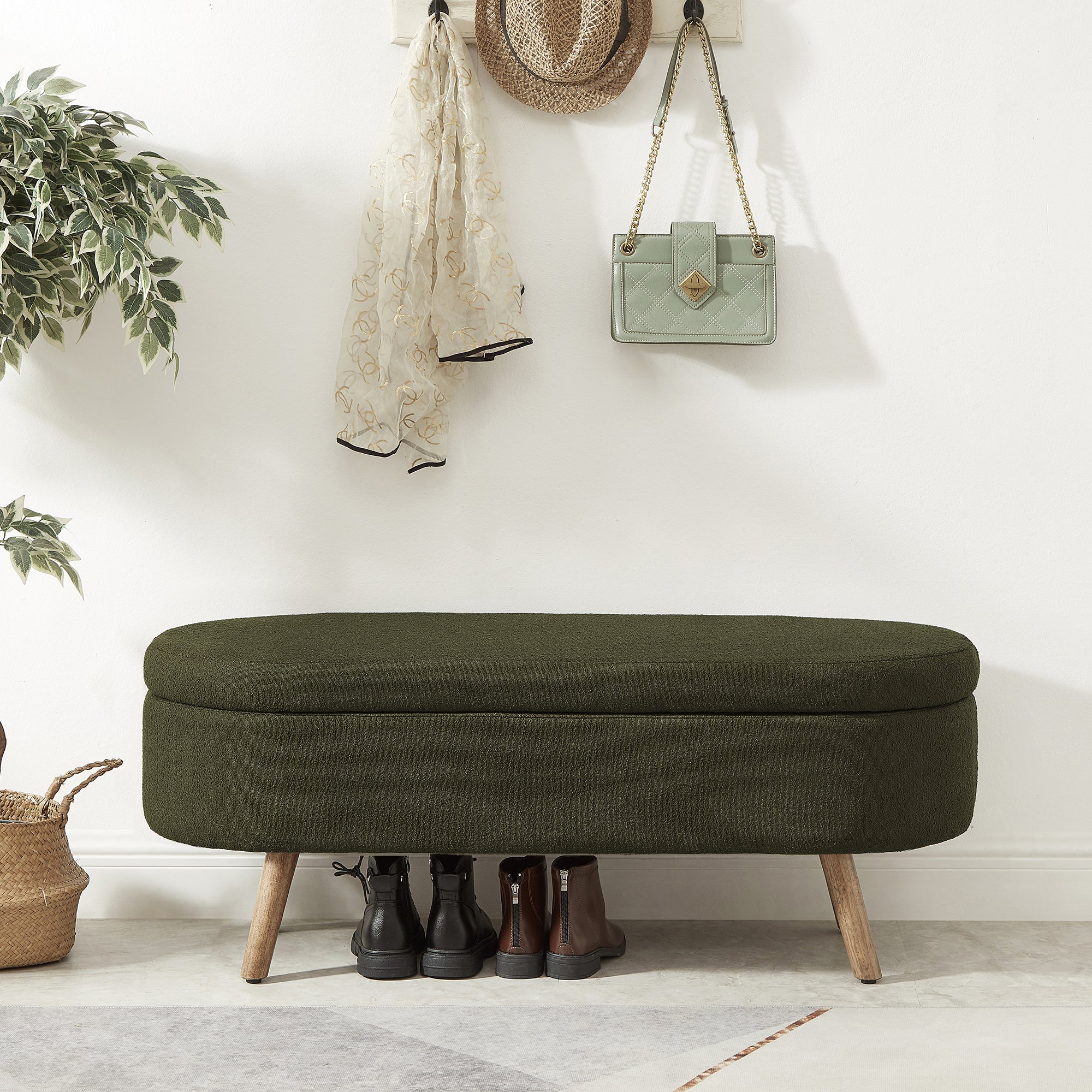Luxury Oval Boucle Storage Ottoman Bench with Wood Legs 350lb Weight Capacity & Safety Hinge, for Living Room, Bedroom Entryway,DARK GREEN - Grand Goldman Shop