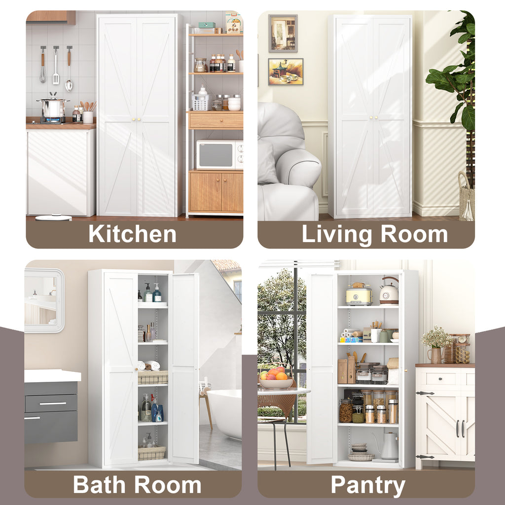 White Metal Adjustable 2-Door Storage Cabinet with Powder-Coated Steel, Tall Kitchen Pantry Cabinet with Adjustable Shelves f