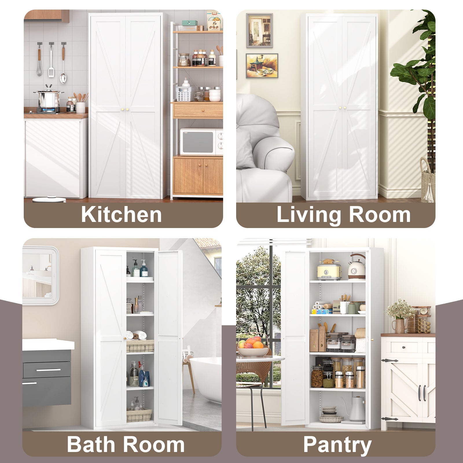 White Metal Adjustable 2-Door Storage Cabinet with Powder-Coated Steel, Tall Kitchen Pantry Cabinet with Adjustable Shelves f