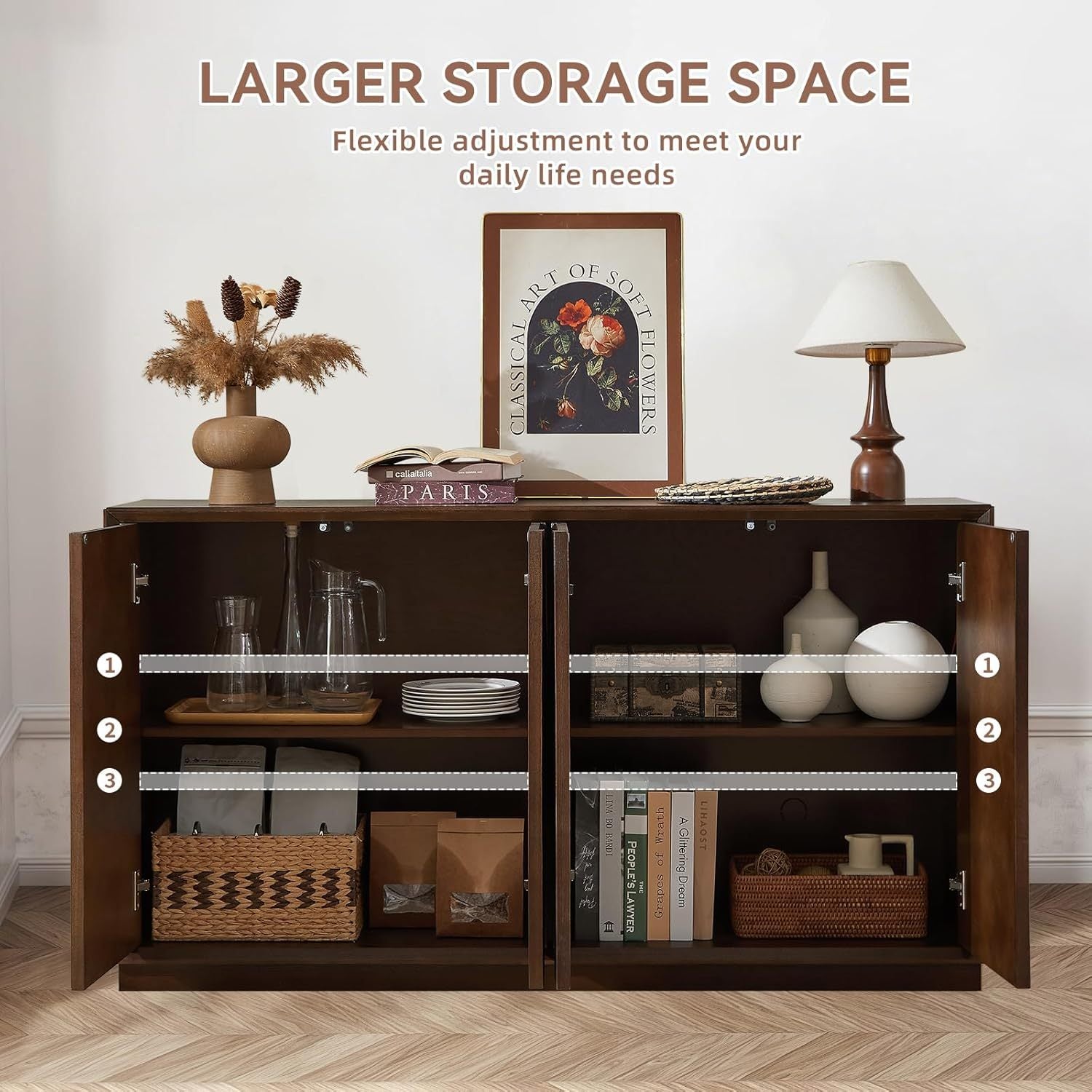 4 Door Accent Cabinet with Solid Wood Carved Doors, Adjustable Shelves, Push to Open Storage Cabinet with Cable Management, Ash Veneer Sideboard for Living Room, - Grand Goldman Shop