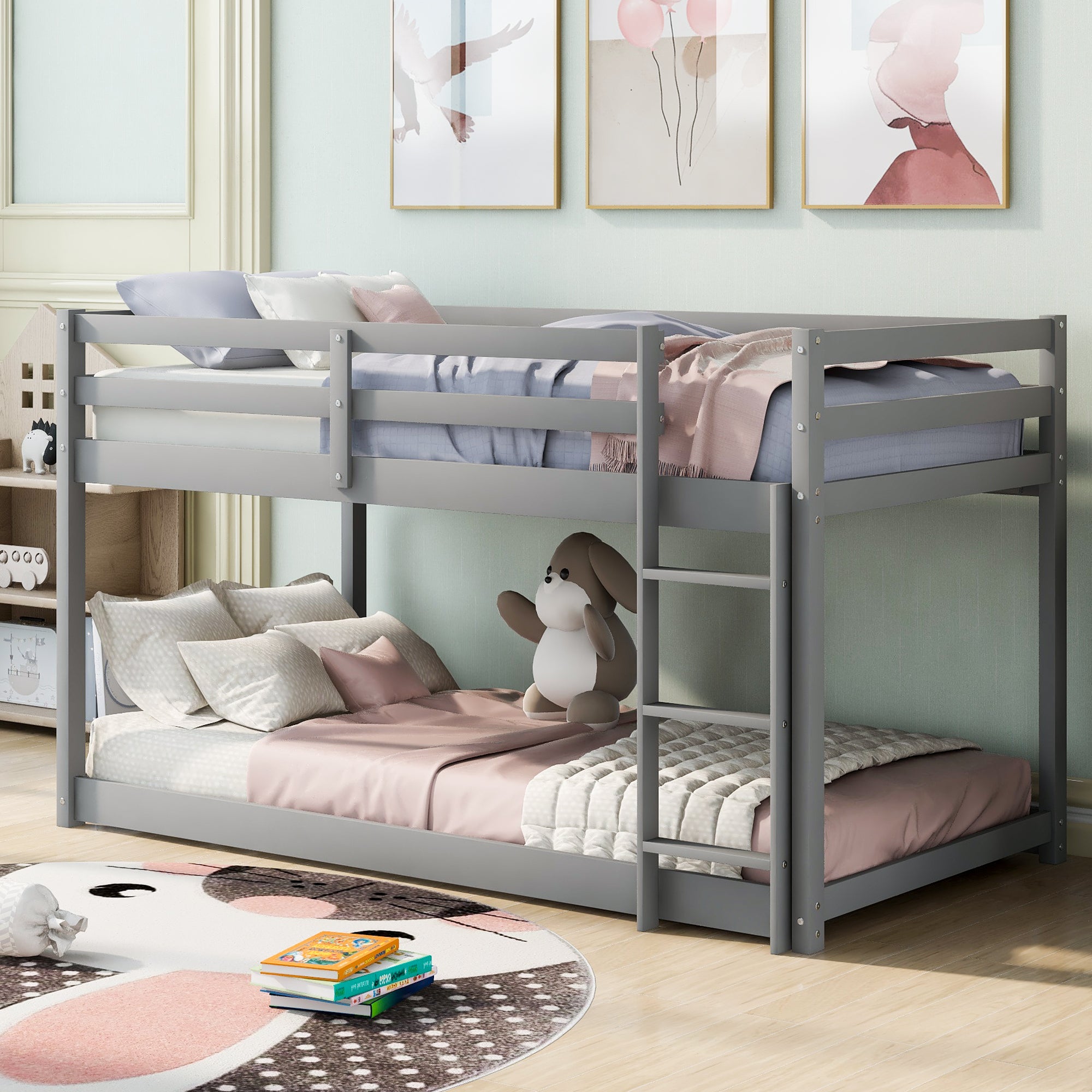 Gray Twin Over Twin Floor Bunk Bed with Ladder, Solid Pine Wood, 79.1''L x 42''W x 46.5''H - Grand Goldman Shop