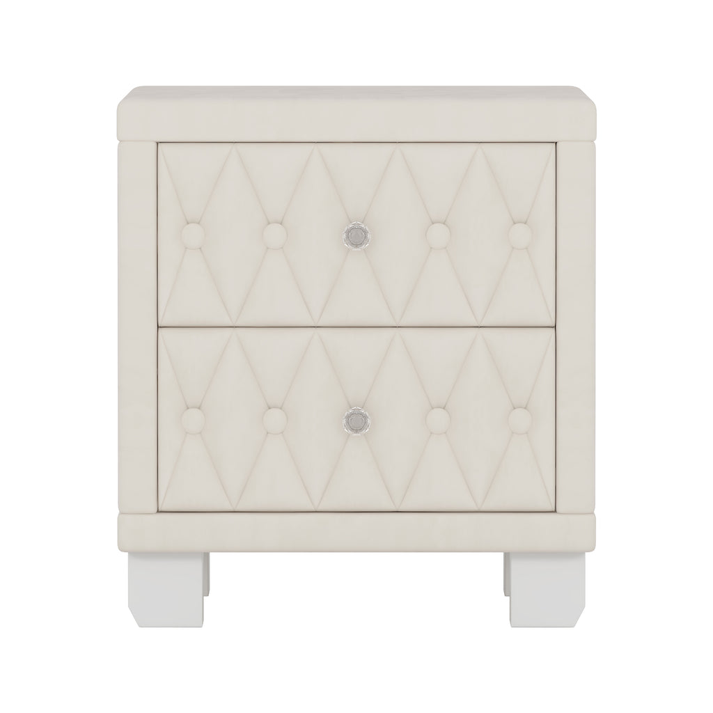 Elegant Velvet Nightstand with 2 Drawers and Crystal Handle, Storage Bedside Table with Button-Tufted, Beige - Grand Goldman Shop
