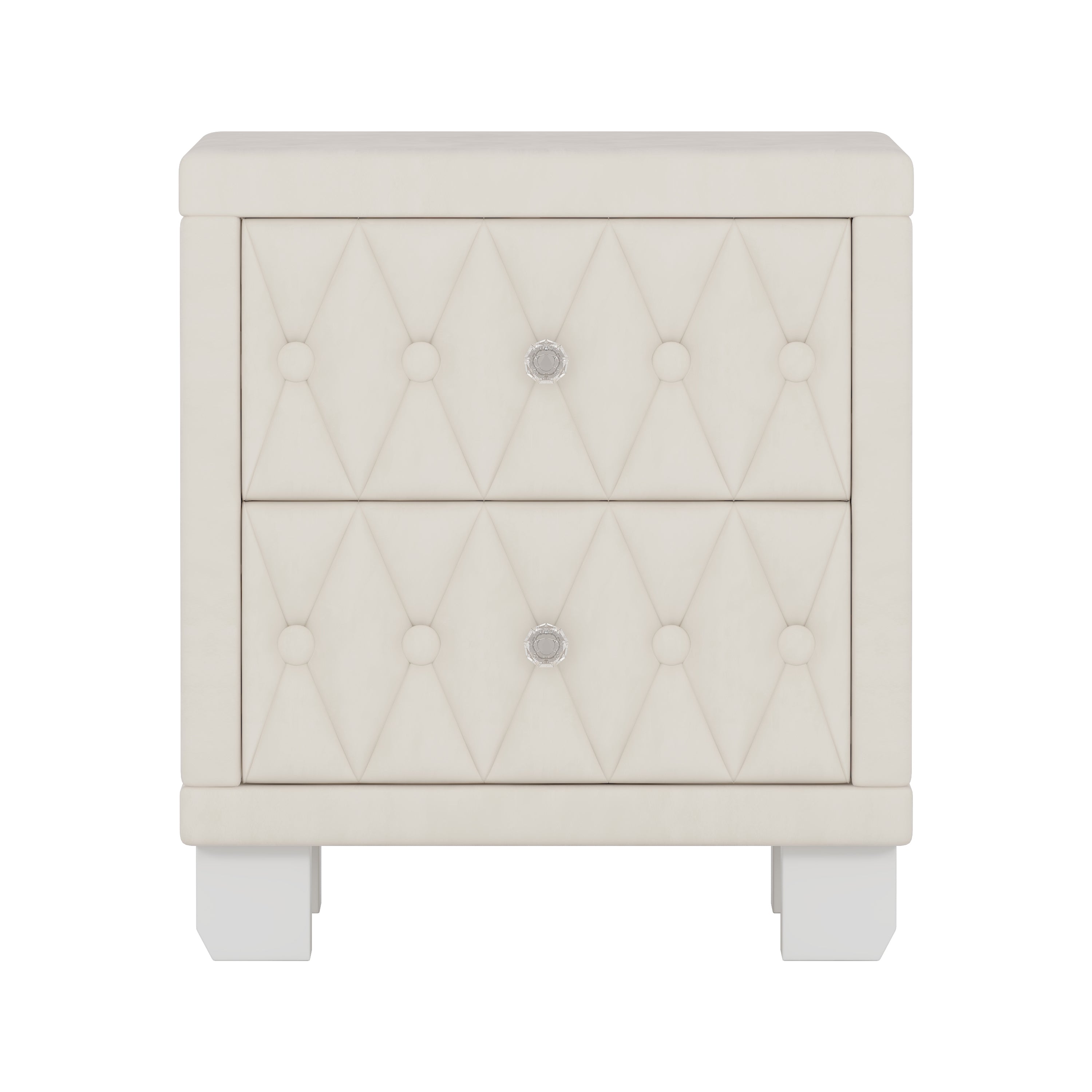 Elegant Velvet Nightstand with 2 Drawers and Crystal Handle, Storage Bedside Table with Button-Tufted, Beige - Grand Goldman Shop