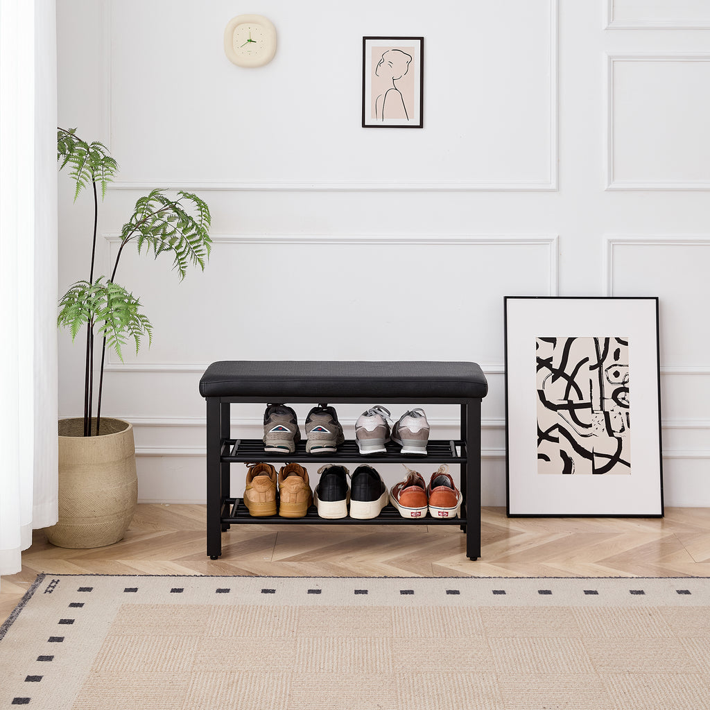 Small Shoe Bench, 3-Tier Shoe Rack with PU Seat Cushion, Black Metal Mesh Shelves, Freestanding Entryway Organizer for Hallway, Living Room, or Bedroom - Grand Goldman Shop
