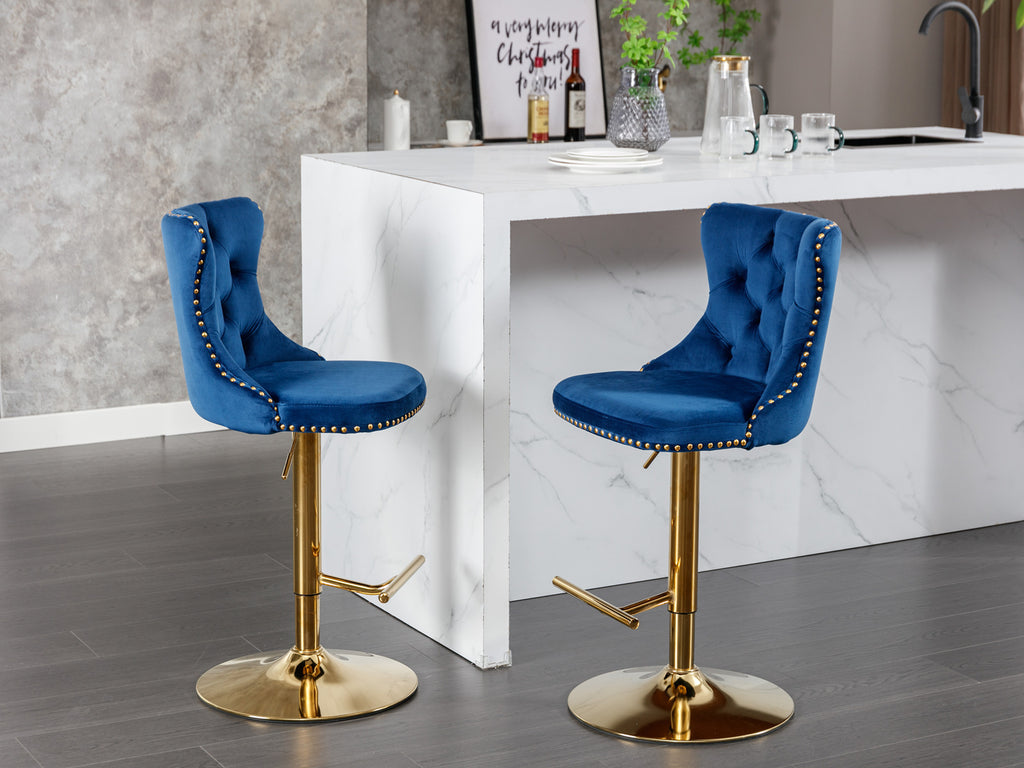 A&A Furniture,Golden Swivel Velvet Barstools Adjusatble Seat Height from 25-33 Inch, Modern Upholstered Bar Stools with Backs Comfortable Tufted for Home Pub and Kitchen Island,Blue,Set of 2 - Grand Goldman Shop
