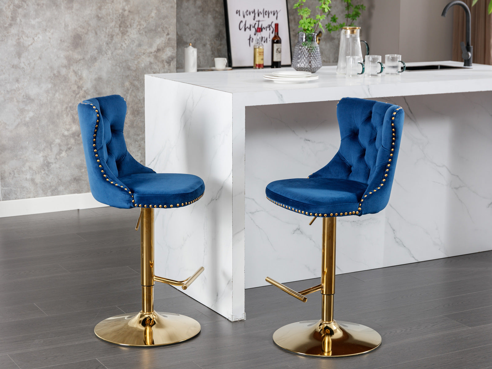 A&A Furniture,Golden Swivel Velvet Barstools Adjusatble Seat Height from 25-33 Inch, Modern Upholstered Bar Stools with Backs Comfortable Tufted for Home Pub and Kitchen Island,Blue,Set of 2 - Grand Goldman Shop