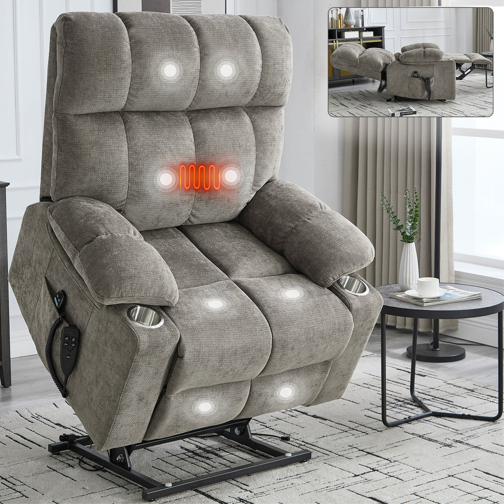 Brown Dual Motor Infinite Position Up to 350 LBS Chenille Power Lift Recliner Chair, Heavy Duty Motion Mechanism with 8-Point Vibration Massage and Lumbar Heating, Dual Cup Holders - Grand Goldman Shop