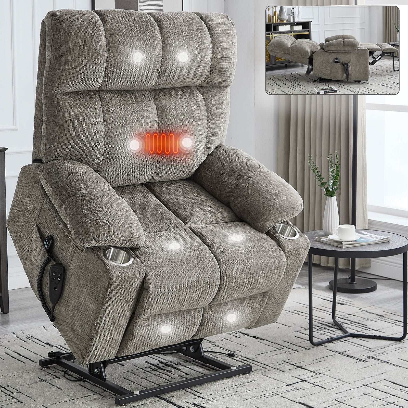 Brown Dual Motor Infinite Position Up to 350 LBS Chenille Power Lift Recliner Chair, Heavy Duty Motion Mechanism with 8-Point Vibration Massage and Lumbar Heating, Dual Cup Holders - Grand Goldman Shop