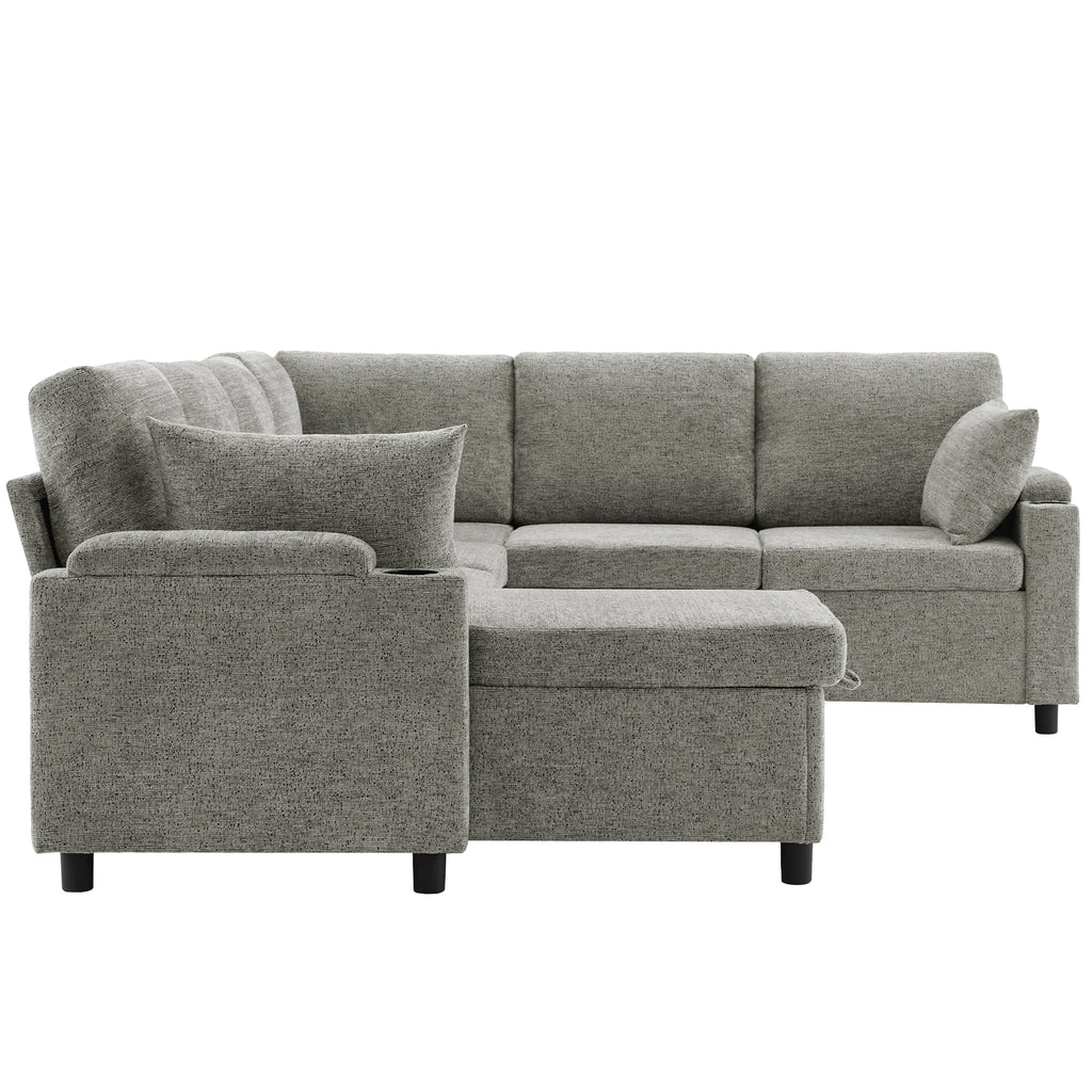 Versatile Light Grey Chenille Sectional Sofa Bed with Storage, Cup Holders & Charging Ports, 109.9' - Grand Goldman Shop