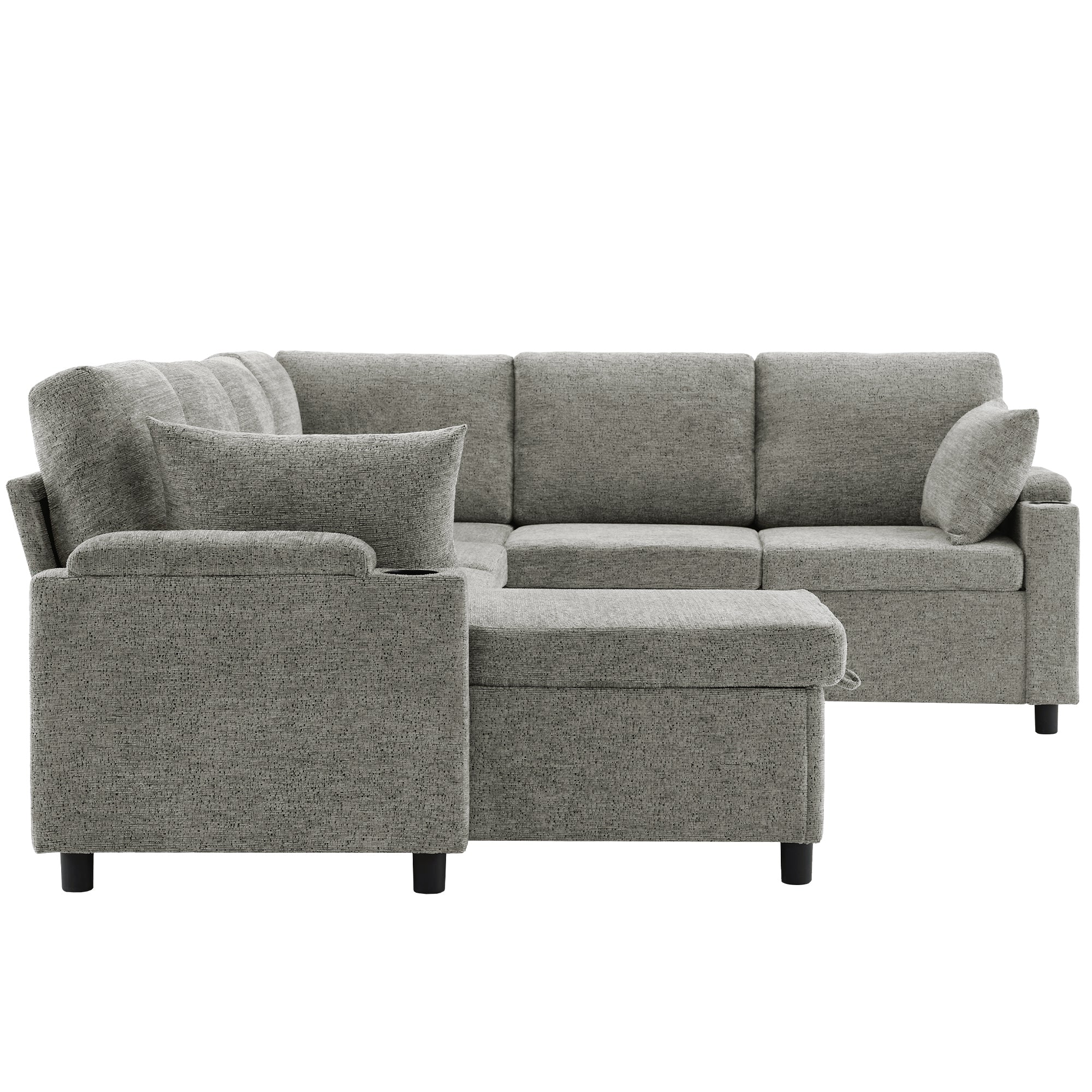 Versatile Light Grey Chenille Sectional Sofa Bed with Storage, Cup Holders & Charging Ports, 109.9' - Grand Goldman Shop