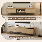 Boho TV Stand for TVs up to 80'', Modern Farmhouse Media Console with Solid Wood Legs, Natural Wood Finish, MDF Cabinet, 70.8''L x 15.7''W x 17.7''H - Grand Goldman Shop