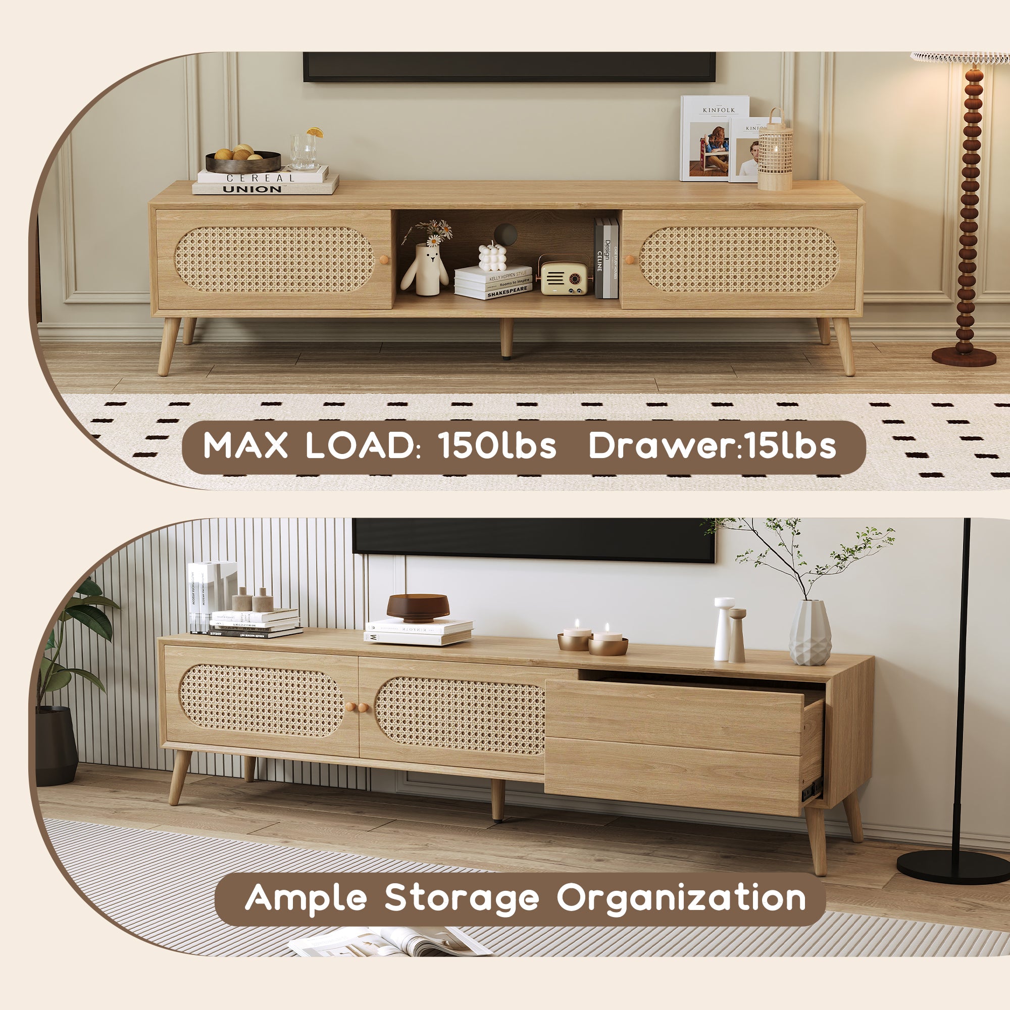 Boho TV Stand for TVs up to 80'', Modern Farmhouse Media Console with Solid Wood Legs, Natural Wood Finish, MDF Cabinet, 70.8''L x 15.7''W x 17.7''H - Grand Goldman Shop