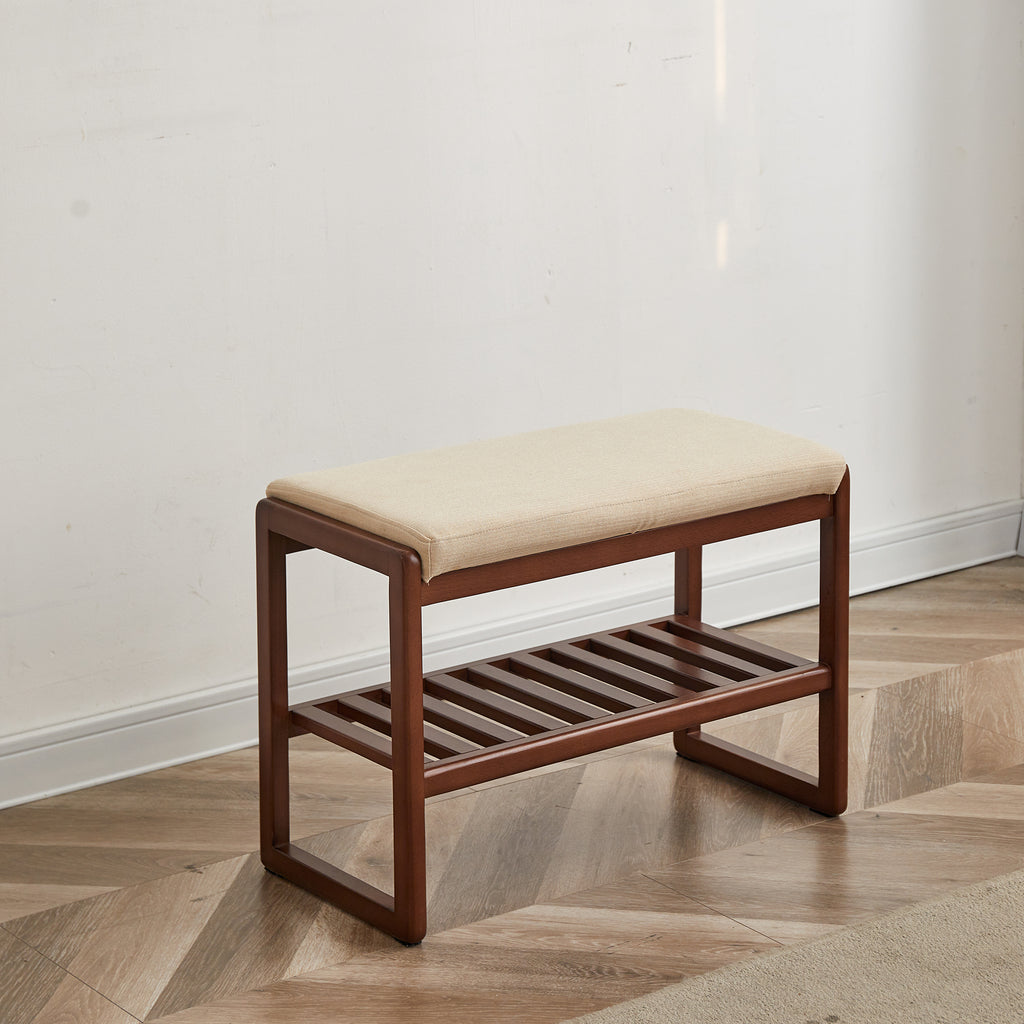 (Walnut Color) Solid Wood Shoe Bench, Beech Wood Storage Rack Organizer with High Rebound Sponge Cushion - Grand Goldman Shop