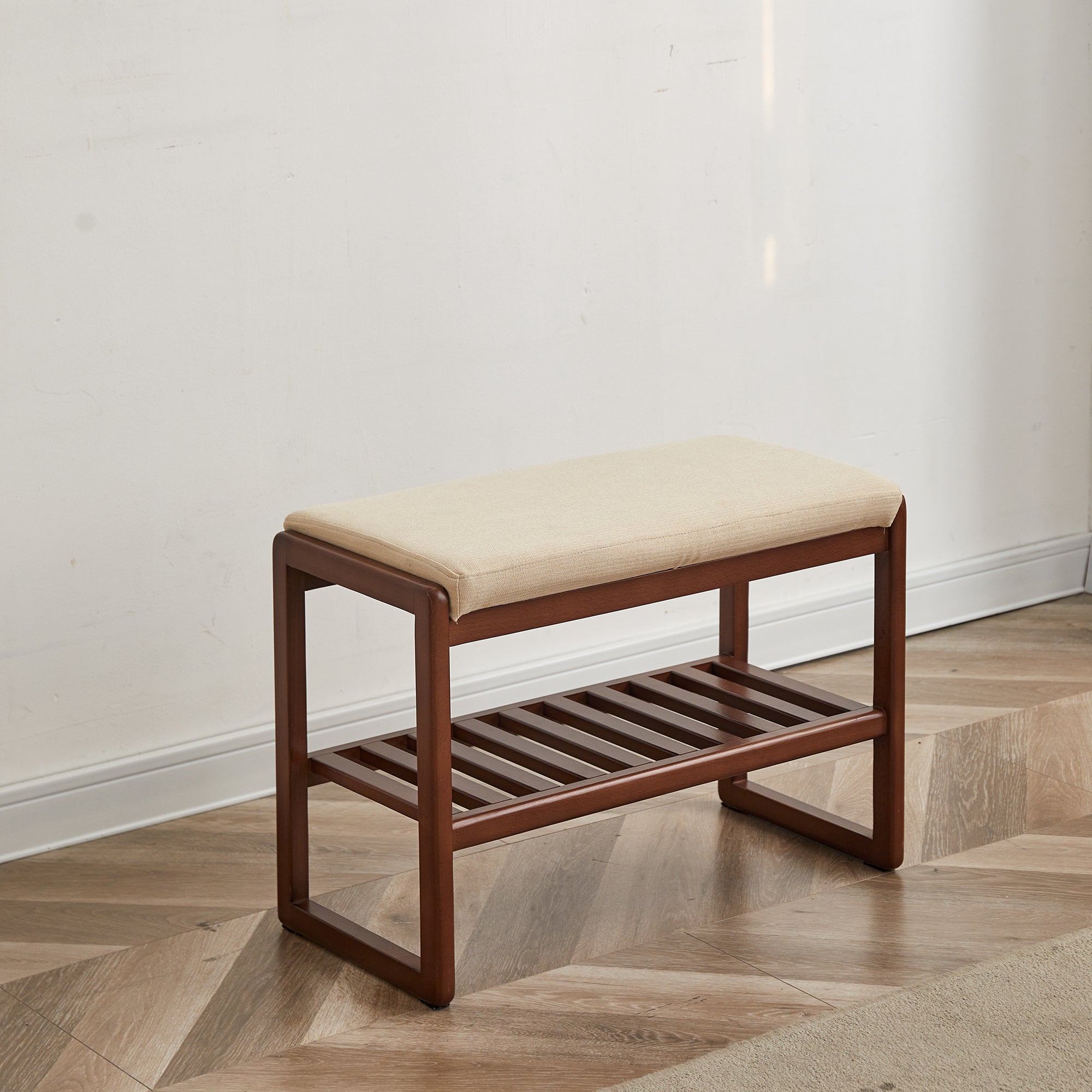 (Walnut Color) Solid Wood Shoe Bench, Beech Wood Storage Rack Organizer with High Rebound Sponge Cushion - Grand Goldman Shop