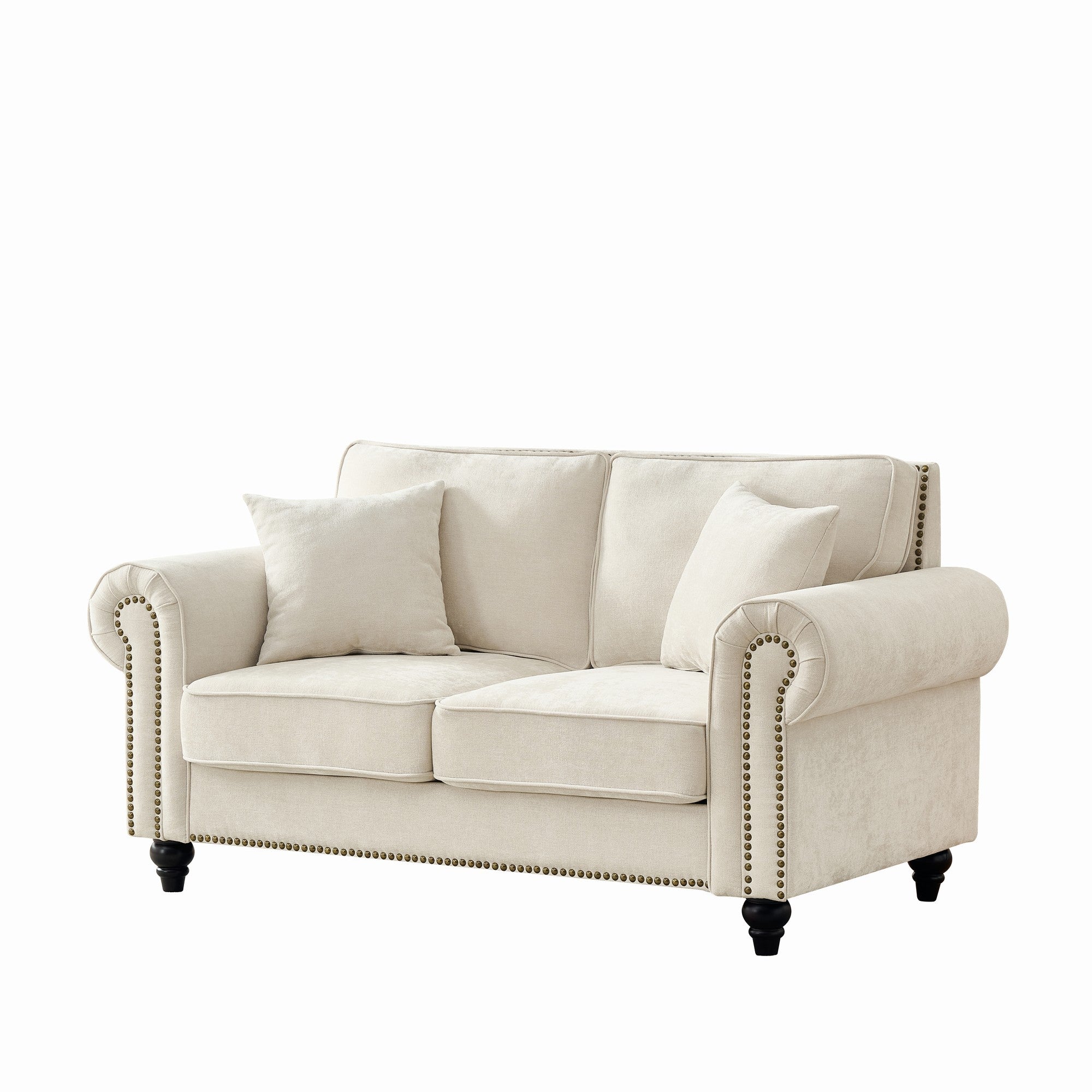 Modern 2-Seater Sofa with Rolled Arms, Tufted Upholstery, Wood Legs, Nailhead Trim, Beige Fabric, 63' - Grand Goldman Shop