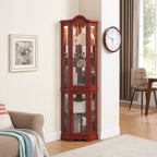 Curio Cabinet Lighted Glass Display Curio Cabinet w/Tempered Glass Doors and Shelves, Crown Corner Cabinet with Bulb, Corner Storage Decoration for Living room and Bedroom Cherry - Grand Goldman Shop