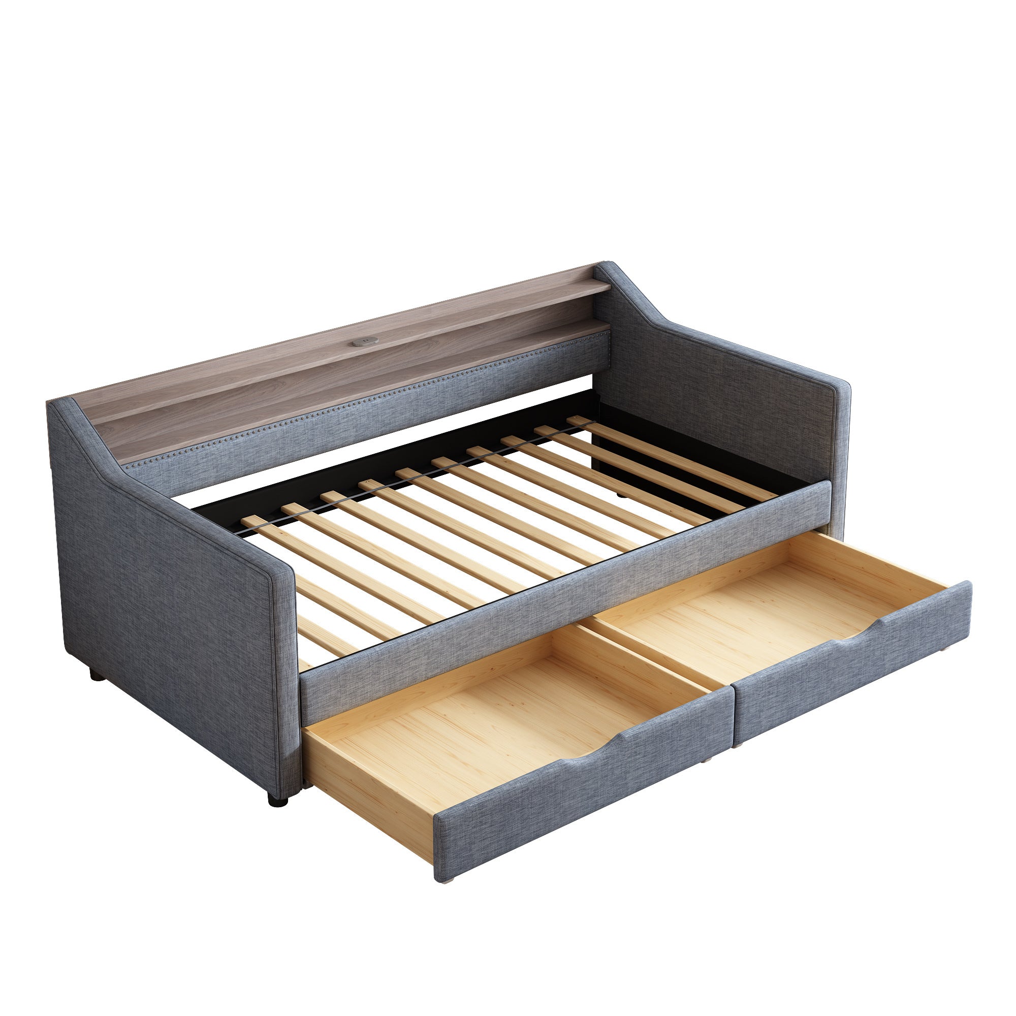 Twin Size Daybed with 2 Storage Drawers and 2-Tier Shelf & /USB/Type-C Port, Modern Linen Upholstered Sofa Day Bed Frame with  Smart LED Light for Livingroom, Apartment,Light grey - Grand Goldman Shop