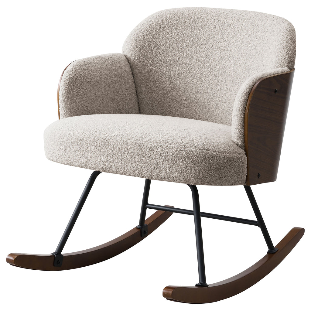 Valera Beige Boucle Upholstered Mid Back Rocking Chair with Walnut-Finished Frame and Wooden Rockers - Grand Goldman Shop