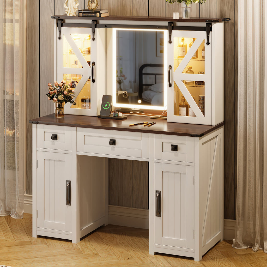 43.3' Farmhouse Makeup Vanity Desk with Lighted Mirror, Vanity Table Set with Charging Station, Dressing Table with Sliding Barn Door Hidden Shelves & 3 Drawers & 4 Cabinets, Beige - Grand Goldman Shop