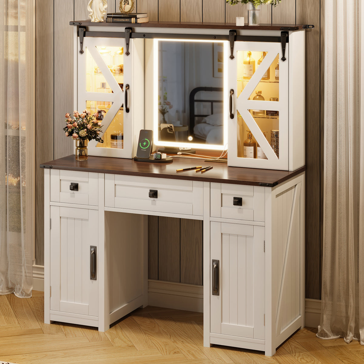 43.3' Farmhouse Makeup Vanity Desk with Lighted Mirror, Vanity Table Set with Charging Station, Dressing Table with Sliding Barn Door Hidden Shelves & 3 Drawers & 4 Cabinets, Beige - Grand Goldman Shop
