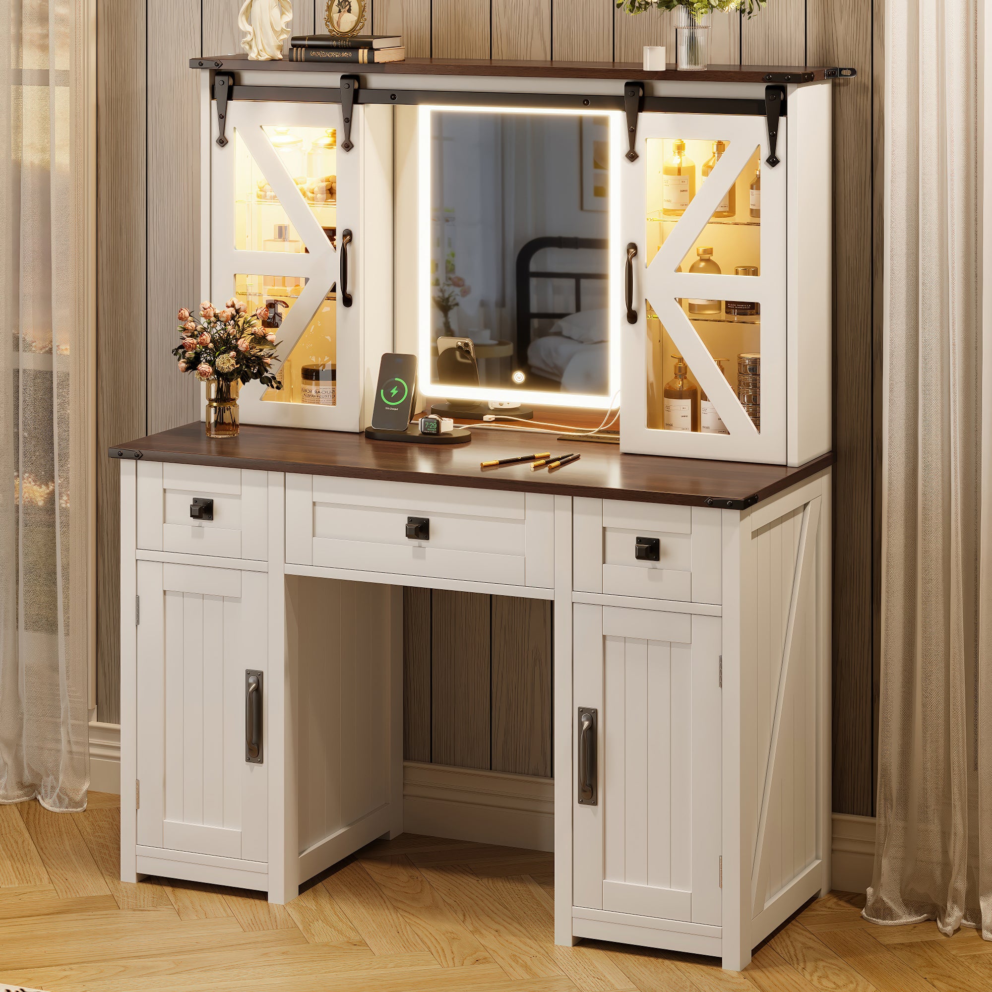 43.3' Farmhouse Makeup Vanity Desk with Lighted Mirror, Vanity Table Set with Charging Station, Dressing Table with Sliding Barn Door Hidden Shelves & 3 Drawers & 4 Cabinets, Beige - Grand Goldman Shop