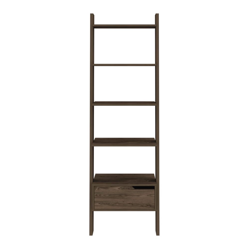 Ladder Bookcase, One Drawer, Five Open Shelves, Dark Walnut - Grand Goldman