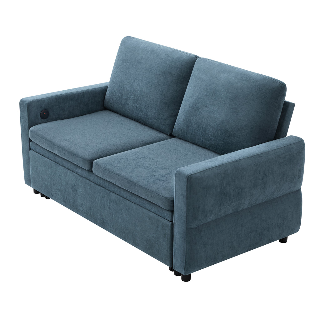 Convertible Sofa Bed 62.75' Loveseat with Adjustable Backrest and USB Ports in Blue Chenille Fabric - Grand Goldman Shop