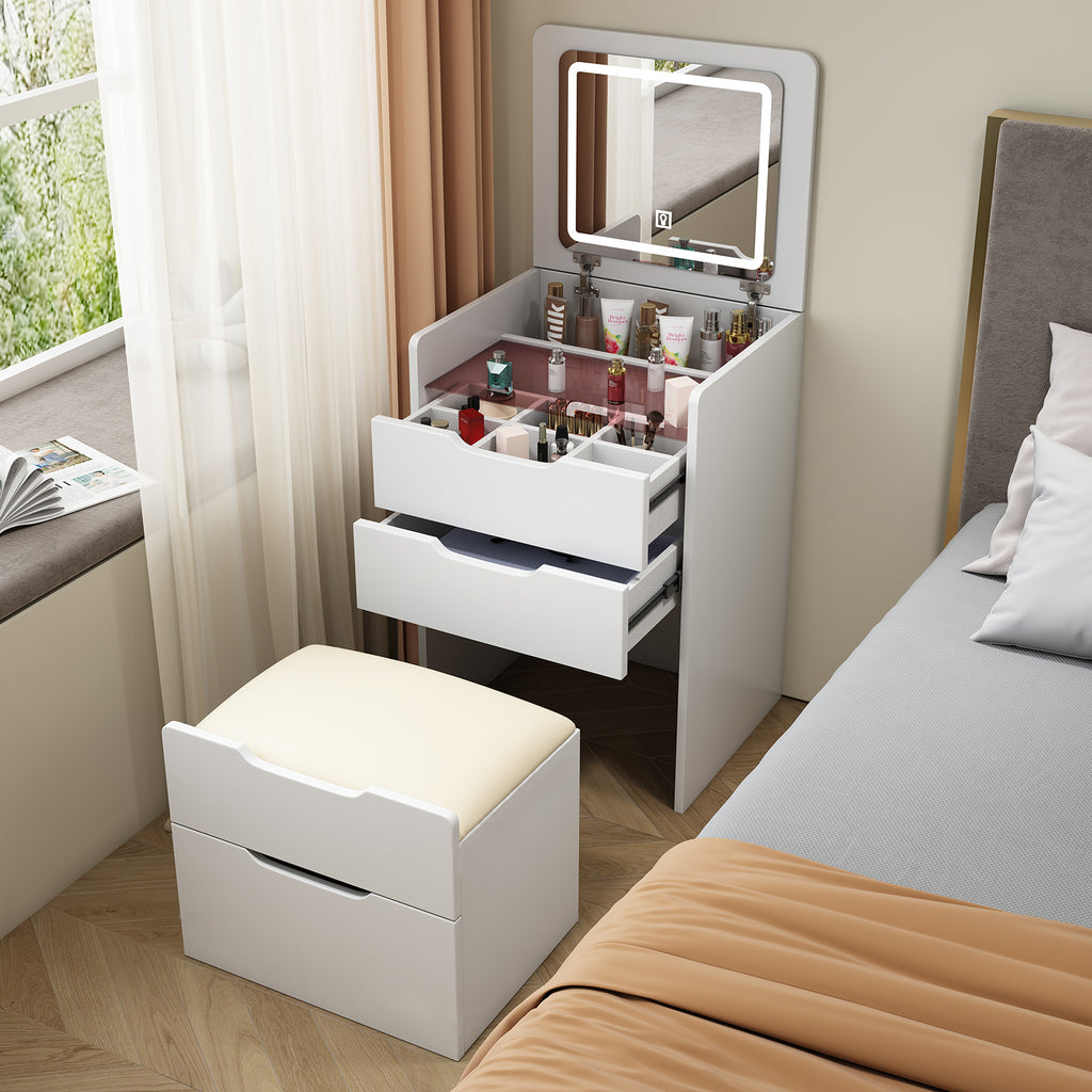 ( 48CM ) 3 in 1 Vanity Desk with Plip Top Mirror, Small Make Up Vanity Set with Visible Glass Desktop, Compact Makeup Vanity with 3 Drawers, Dressing Table for Bedroom ( WHITE COLOR ) - Grand Goldman Shop